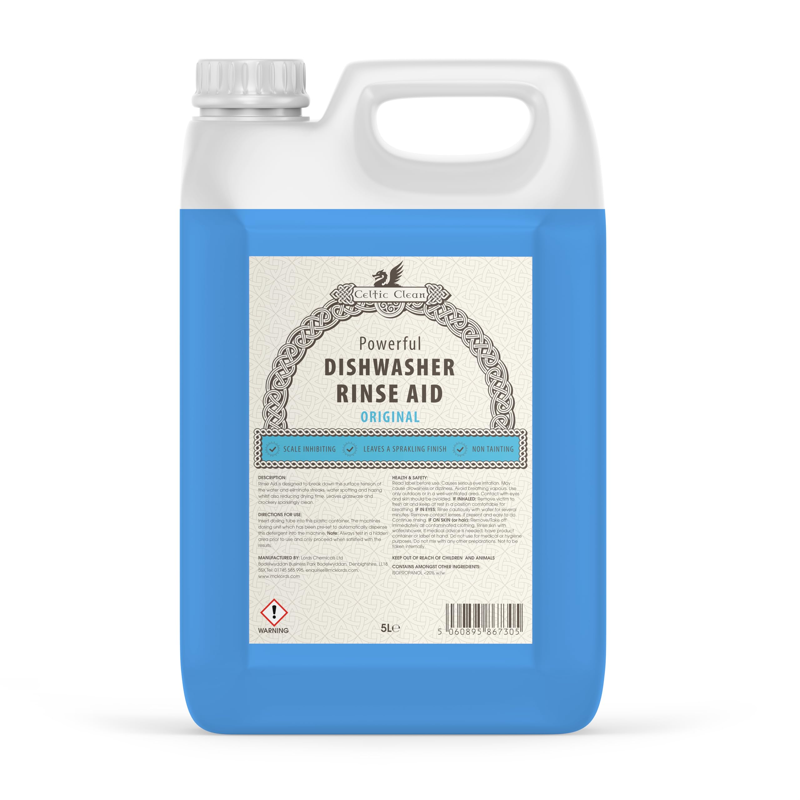 Celtic Clean - Professional Dishwasher Rinse Aid Blue - 5 Litre - Concentrated Formula for Industrial & Commercial Machines, Streak-Free Shine, Spot Prevention, Fast-Drying