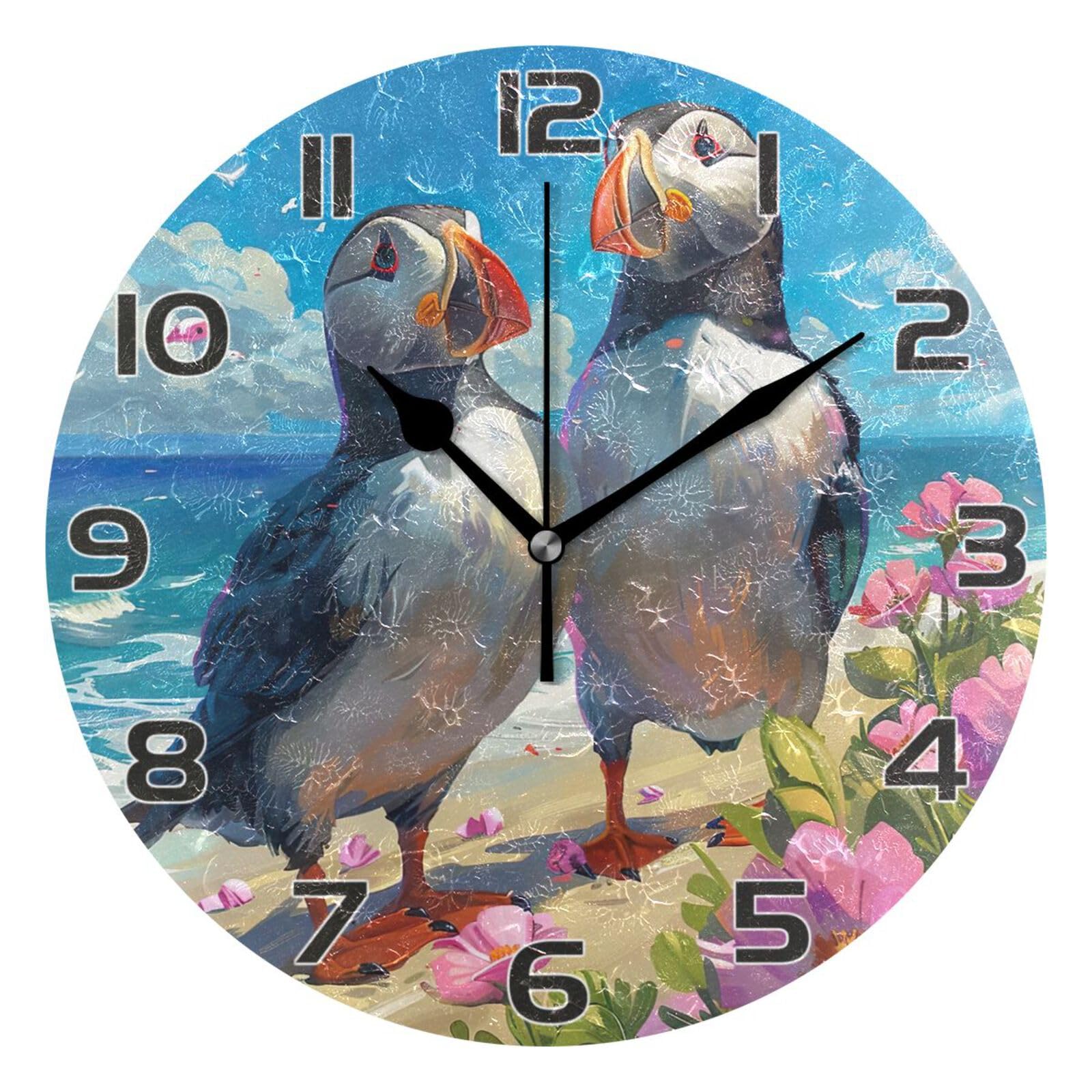 Ewusp Beach Puffins Wall Clock Battery Operated Silent Non-Ticking Clock Round Quartz Decorative Clock for Kitchen Living Room Bedroom Office School Nursery, 25x25 cm