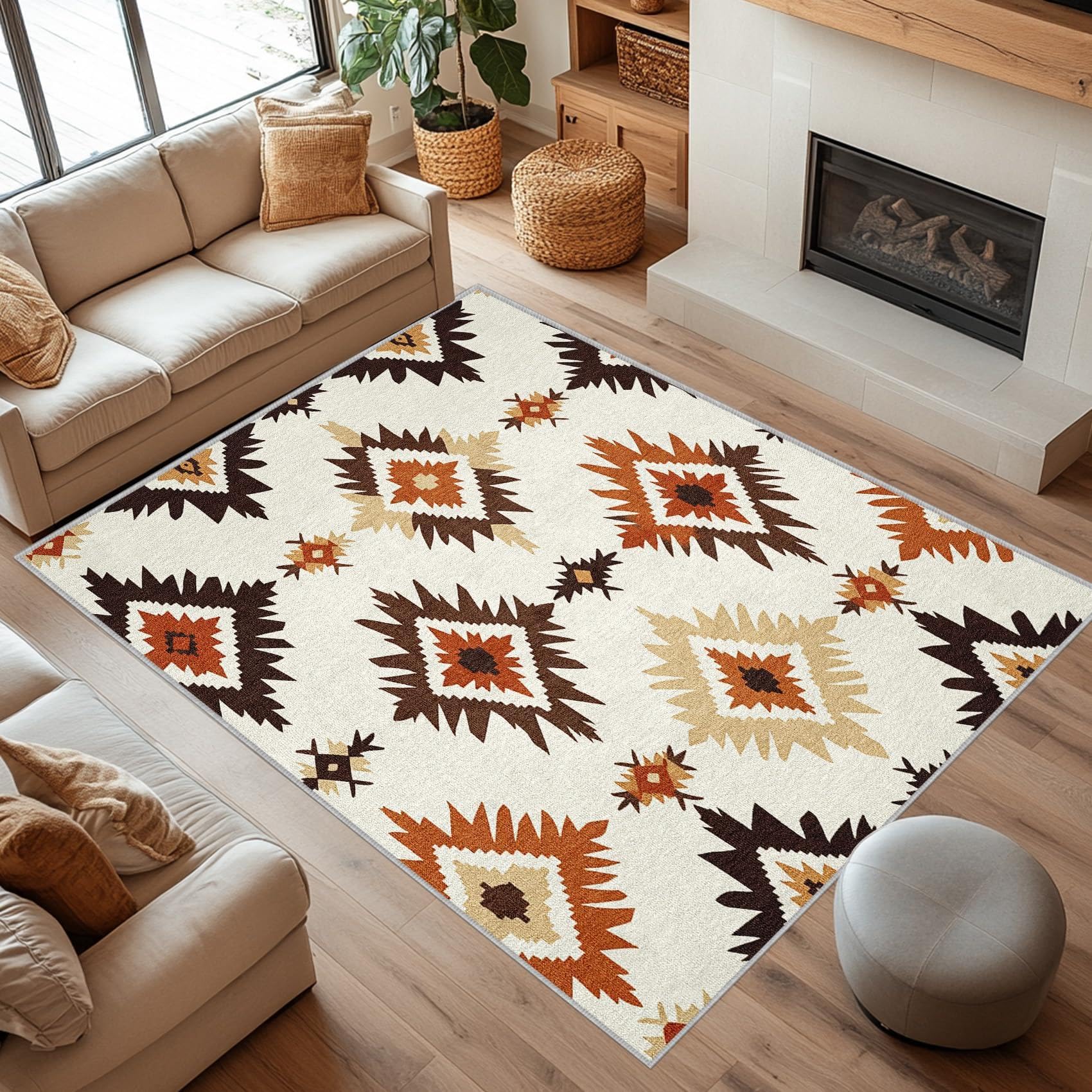 Tapis aztèque du sud-Ouest pour Salon 70 x 140 cm, Tapis amérindien pour entrée, Chambre à Coucher, Tapis de Sol d'intérieur géométrique bohème, paillasson Lavable et antidérapant, Marron