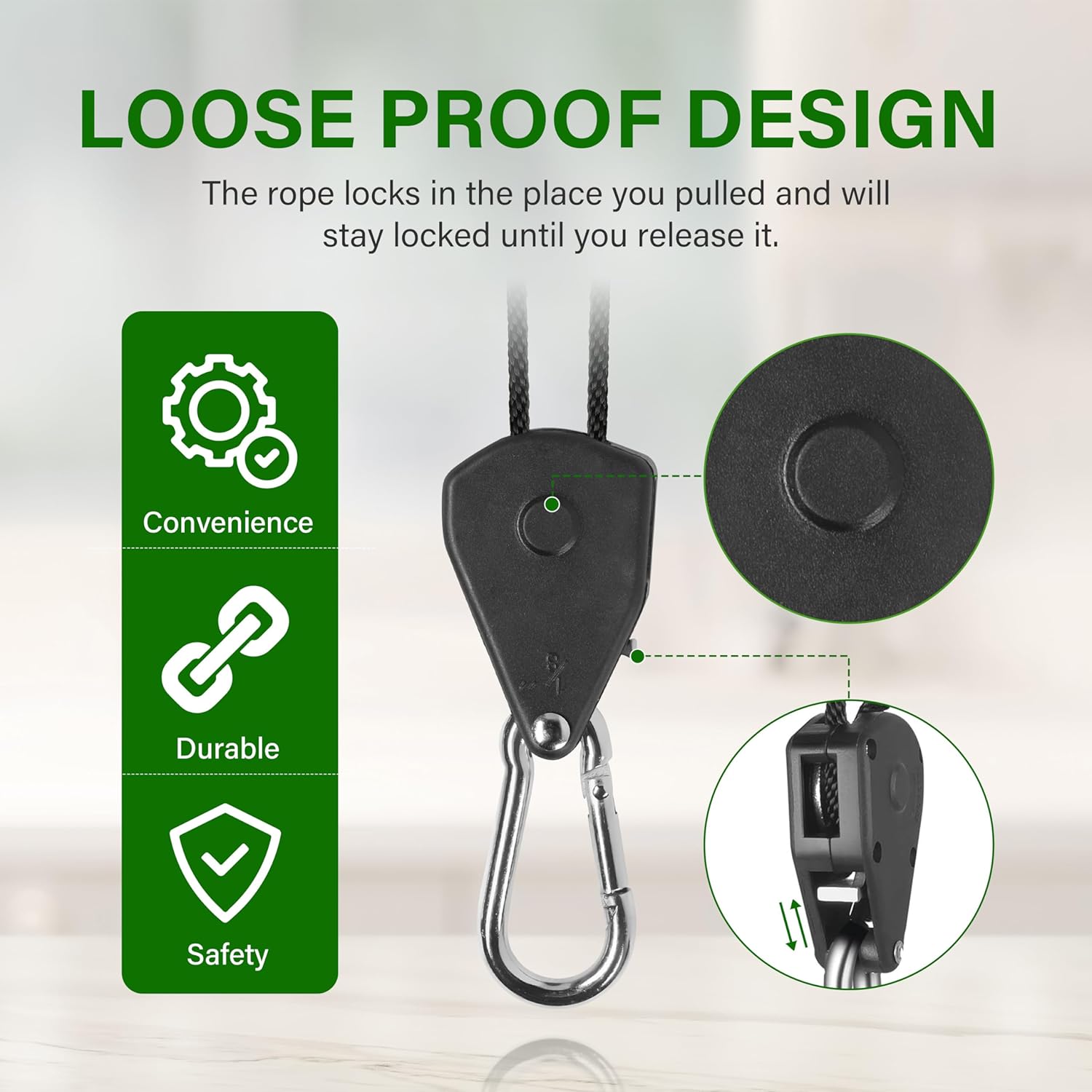 Simple Deluxe 2 Pairs 1/8 inch Adjustable Heavy Duty Rope Hanger Reinforced Metal Internal Gears Ratchets for Grow Light, 8ft Long & 150lbs Weight Capacity, Loose-Proof Design - Image 4