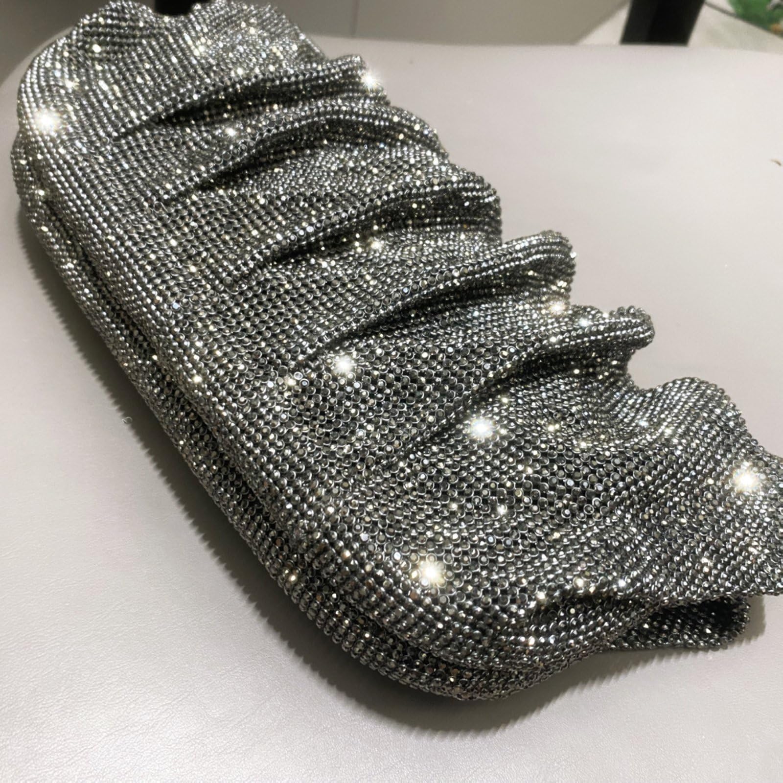 Borsa Da Sera con Pochette e Catena A Pieghe con Strass Scintillanti da Donna, Per Matrimoni E Feste,Grigio
