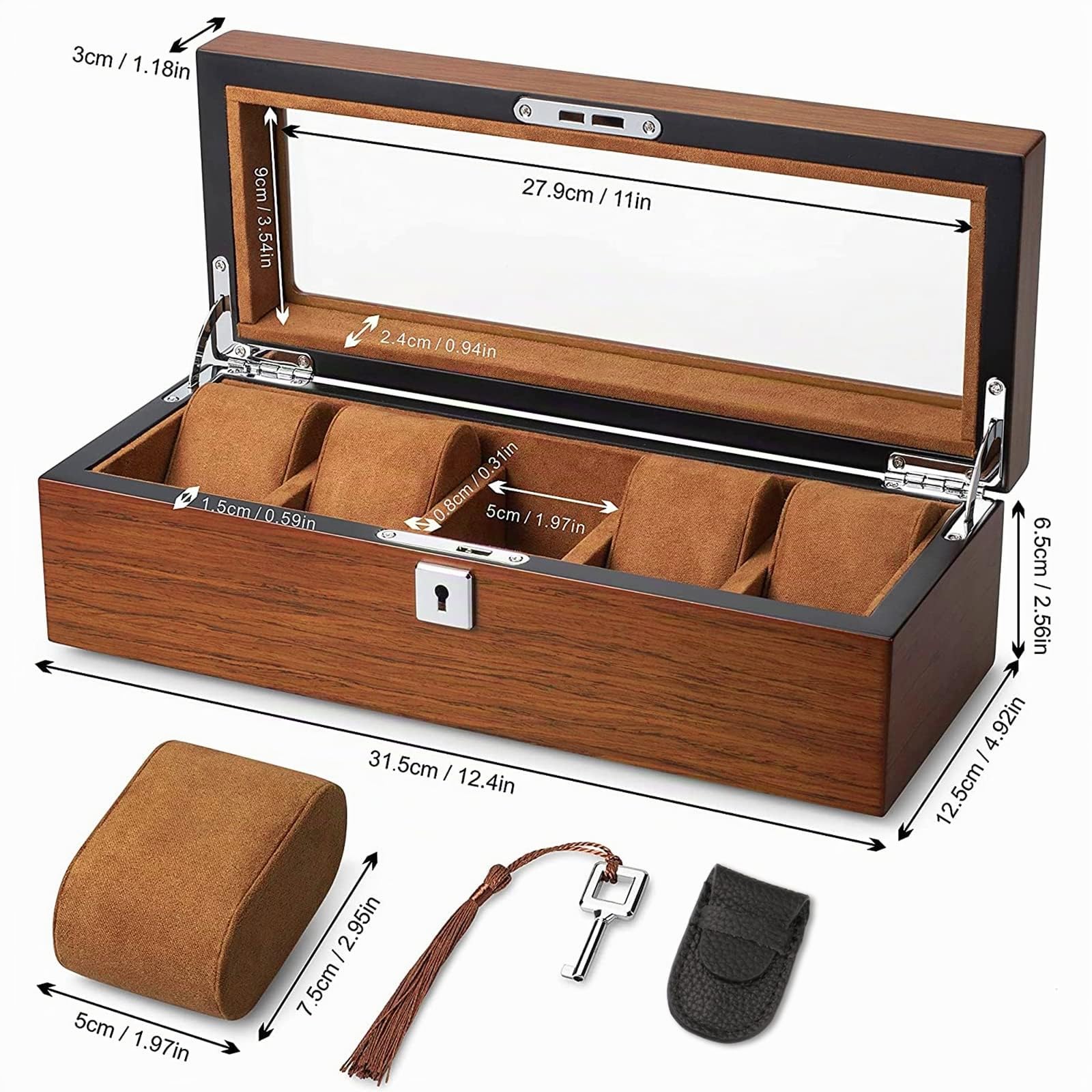 Caja de Relojes con 5 Compartimentos, Madera Estuche Relojes Hombre | Organizadora de Reloj con Tapa de Cristal y Cerradura, Cojín Extraíble, Porta Relojes Idea de Regalo Hombres/Niñas/Festival