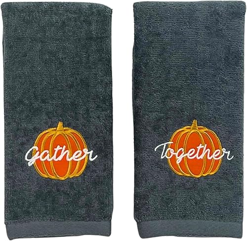 Serafina Home Toallas decorativas para decoración de otoño bordado reúne calabaza en felpa gris, juego de 2 piezas, 11 "x 18" pulgadas cada una
