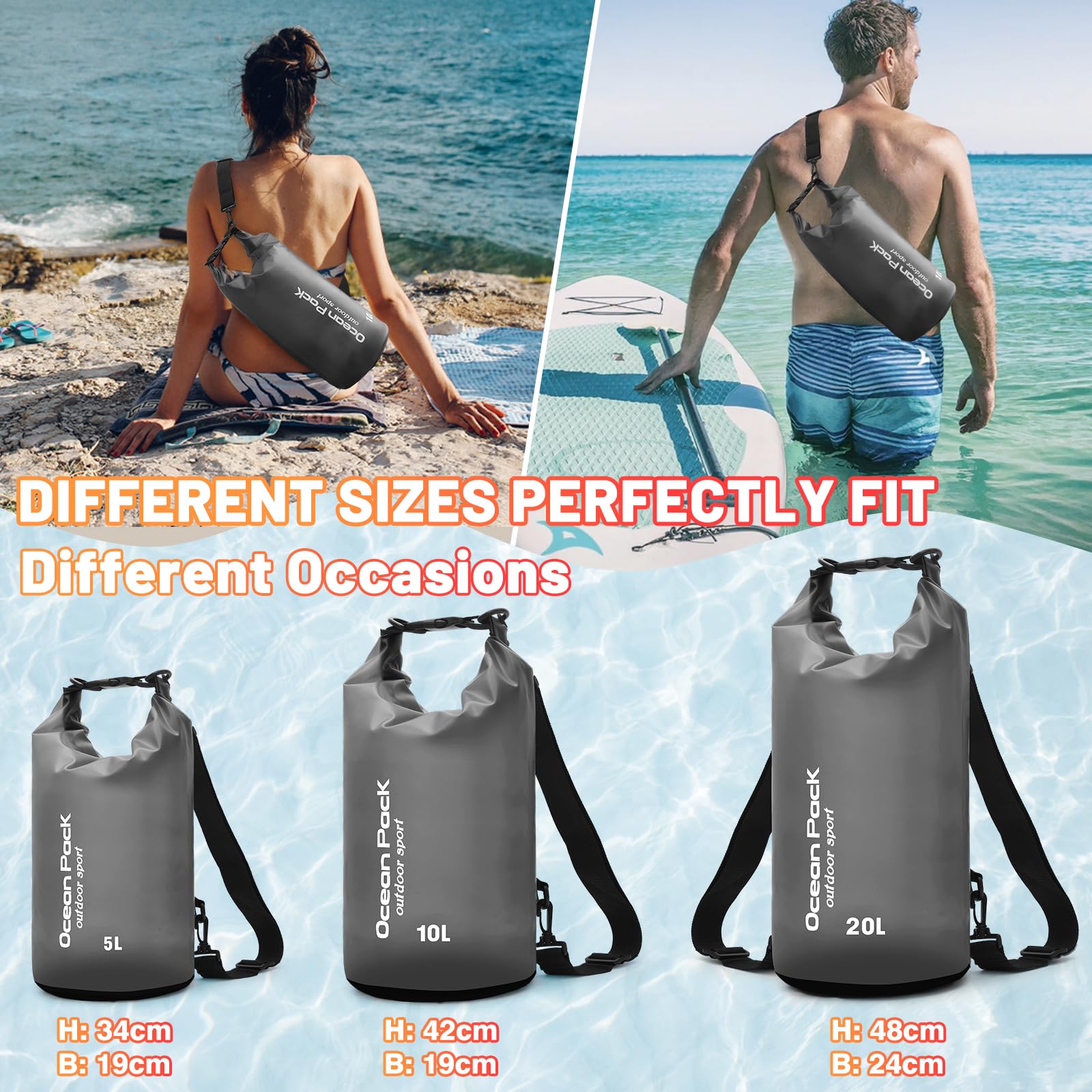 KUOGAS Sacca Stagna con Borsa Impermeabile & Cinghie – Zaino Impermeabile per Outdoor, Campeggio & Sport Acquatici | 5L, 10L, 20L | Leggero & Resistente | Borsa Impermeabile (Nero, 10 L)