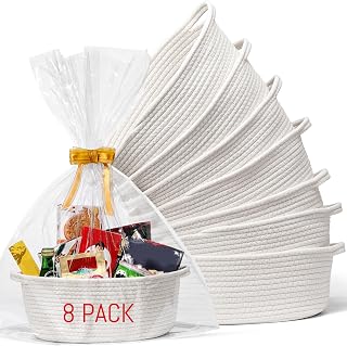 8-Pack White Organic Cotton Woven Baskets 12x8x5 with Handles, Gift Bags & Ribbons - Nursery Storage, Baby Shower Gifts