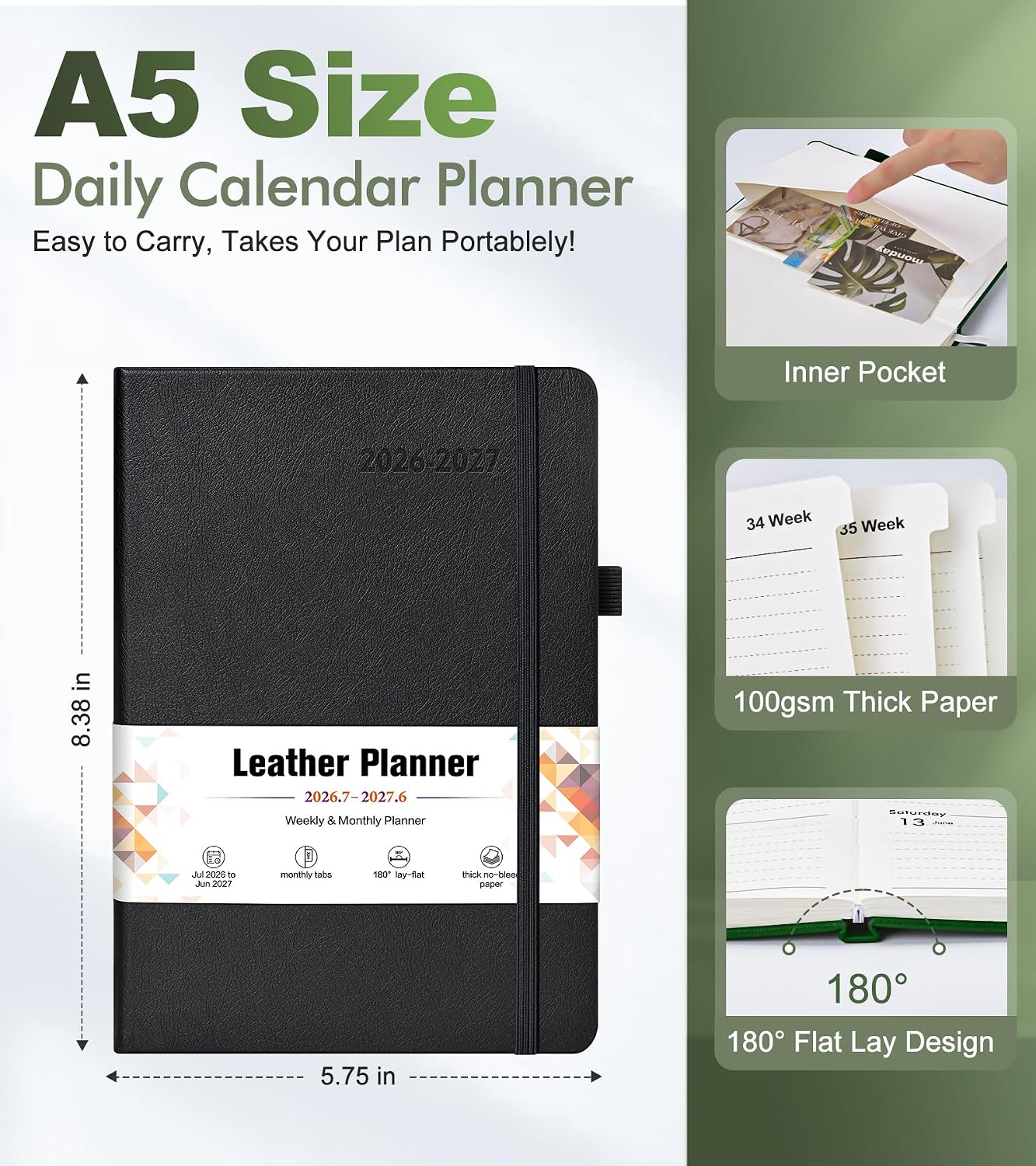 Planner 2026-2027, Academic Weekly and Monthly Calendar Planner from July 2026 - June 2027, Hardcover Leather Daily Agenda Book with Tabs, College School Organizer for Student Teacher, A5 (5.75" x 8.38"), Black image 5