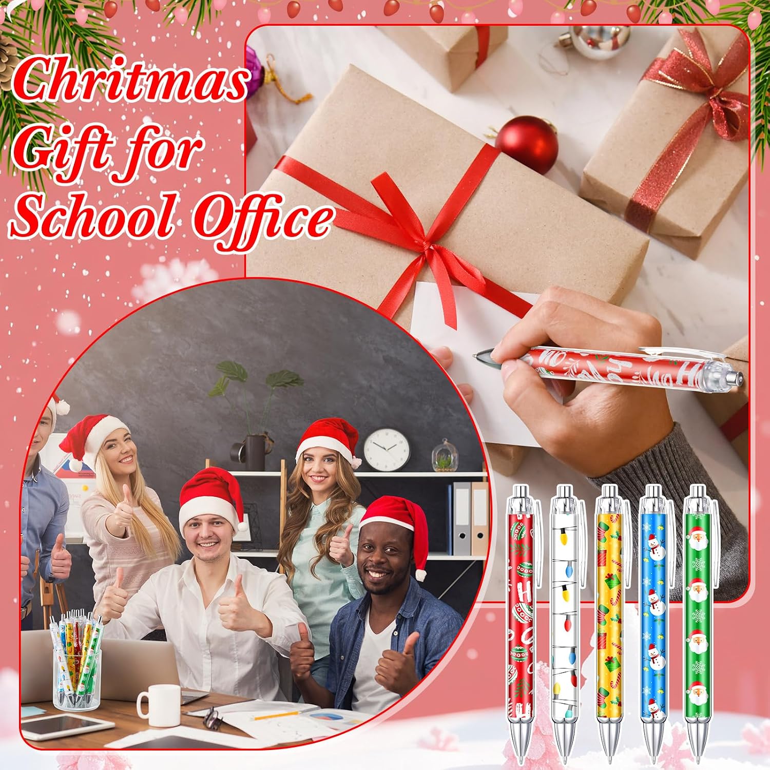 Tenceur 100 Pcs Christmas Ballpoint Pens Bulk with Black Ink, Colorful Lights Santa Xmas Rollerball Pens for Adults Christmas Party Favors Gifts for Coworkers Office Favors Stocking Stuffers