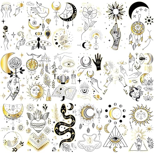Miniatura 6 de Glaryyears Tatuaje temporal dorado metálico, paquete de 18 tatuajes falsos de larga duración, paquete variado de tatuajes realistas de tamaño
