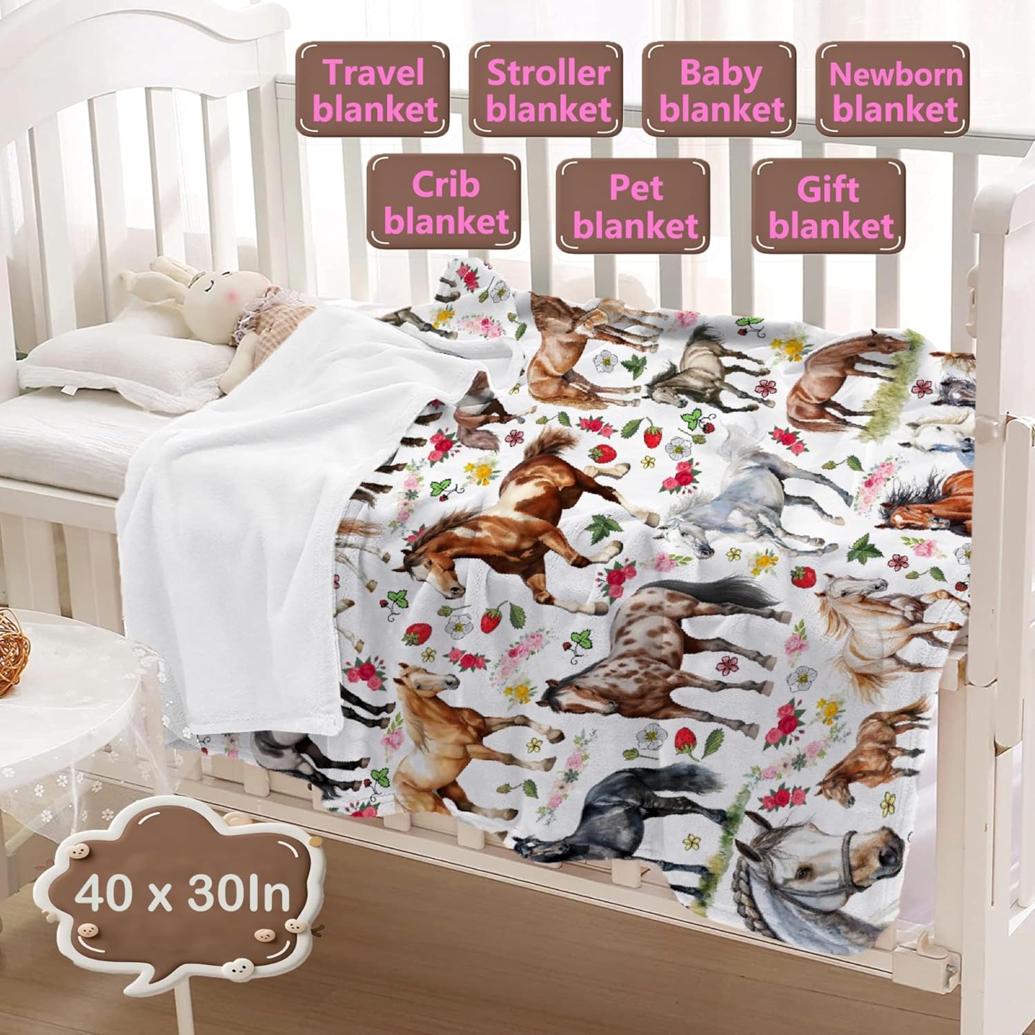 Floral Horse Blanket, 40"x30"Rose Horses Throw Blanket for Baby, Cartoon Animal Strawberry Decor Horse Plush Gifts for Toddler Crib Lightweight Flannel Cute Wildlife Throw for Nursery Newborn Infant