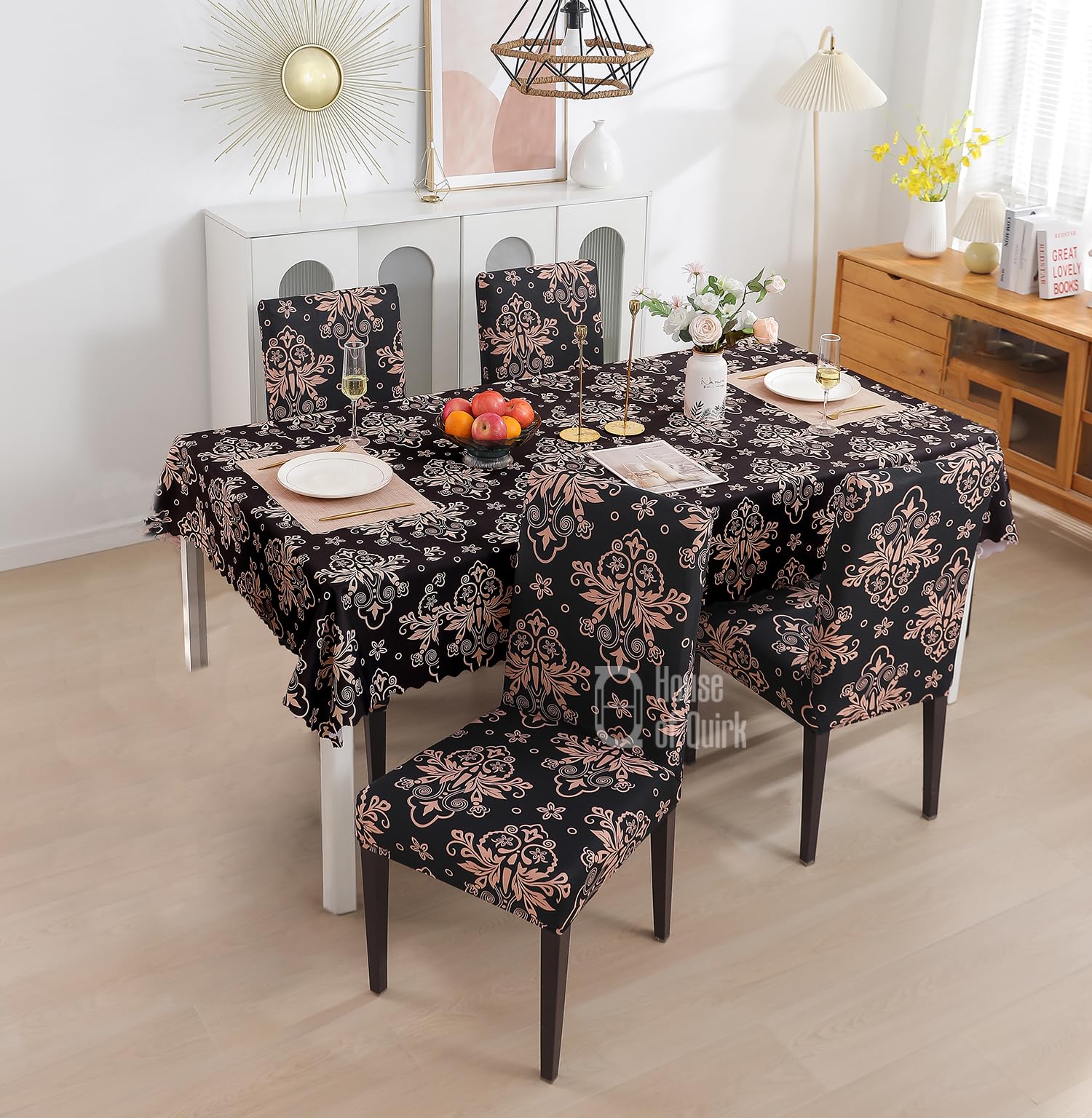 House of Quirk Polyvinyl Chloride (PVC) Dining Chair Cover with Rectangular Table Covers for Kitchen Waterproof Dining Table Cloth (Cambric Black, 1 Table Cover + 4 Chair Cover)