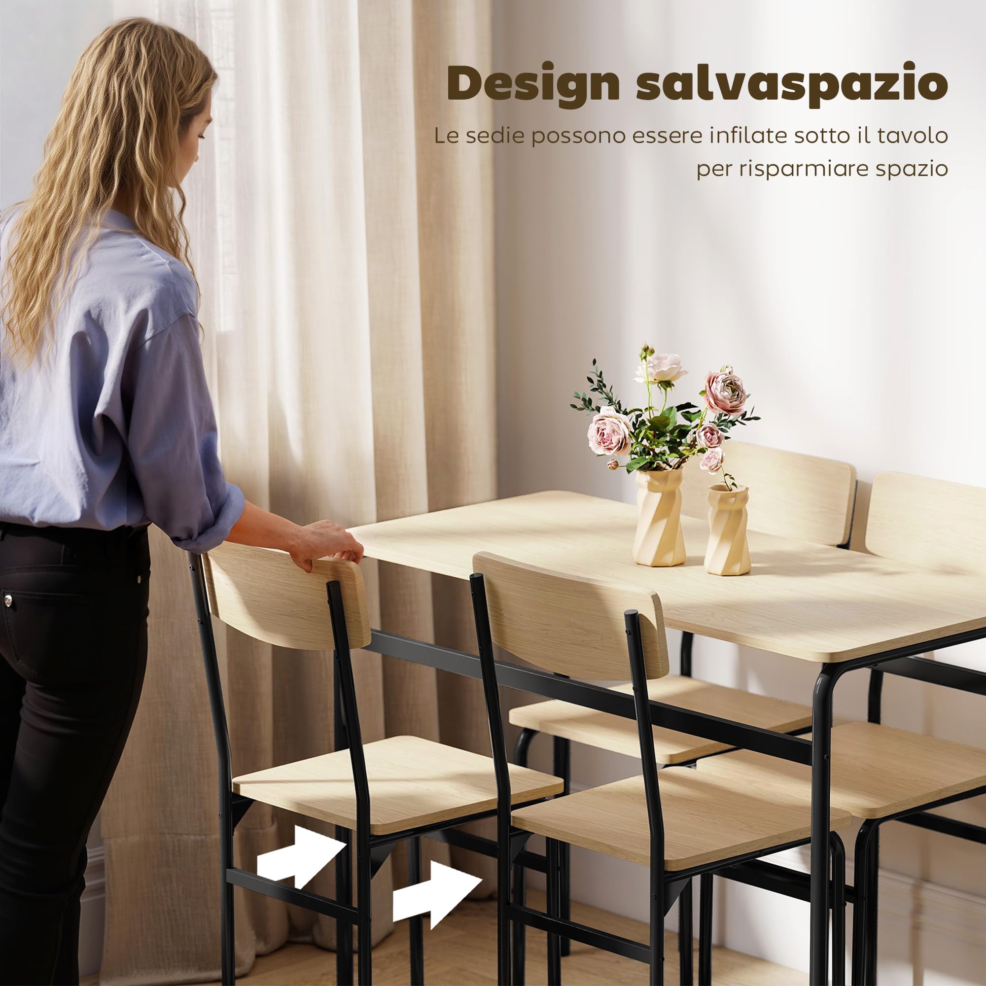 HOMCOM Set Tavolo e Sedie Sala da Pranzo 5 Pezzi, Tavolo da Pranzo Rettangolare e 4 Sedie in Legno e Metallo, Salvaspazio, Design Industriale, per Soggiorno Salotto Cucina, Nero e Color Legno