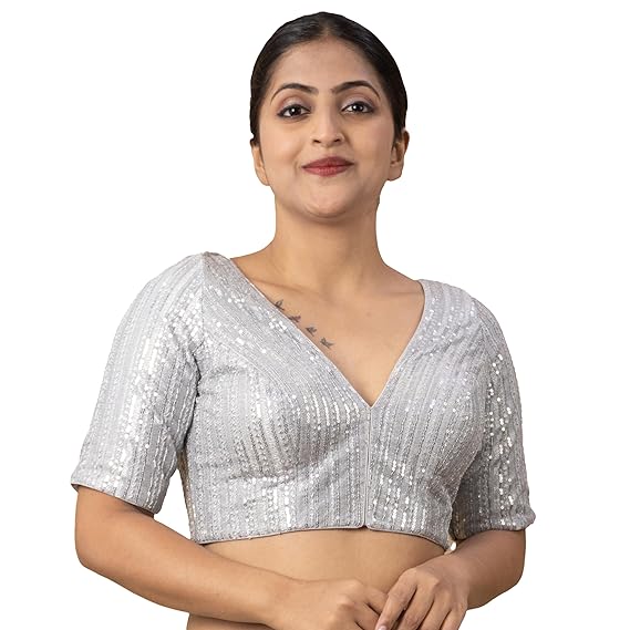Women's Sequin Embroidered V Neck Elbow Half Sleeve Readymade Saree Blouse Indian Ethnic Designer Stitched Plus Size Top Padded Lavender Pink Blue Silver Black Gold Red Green | E1