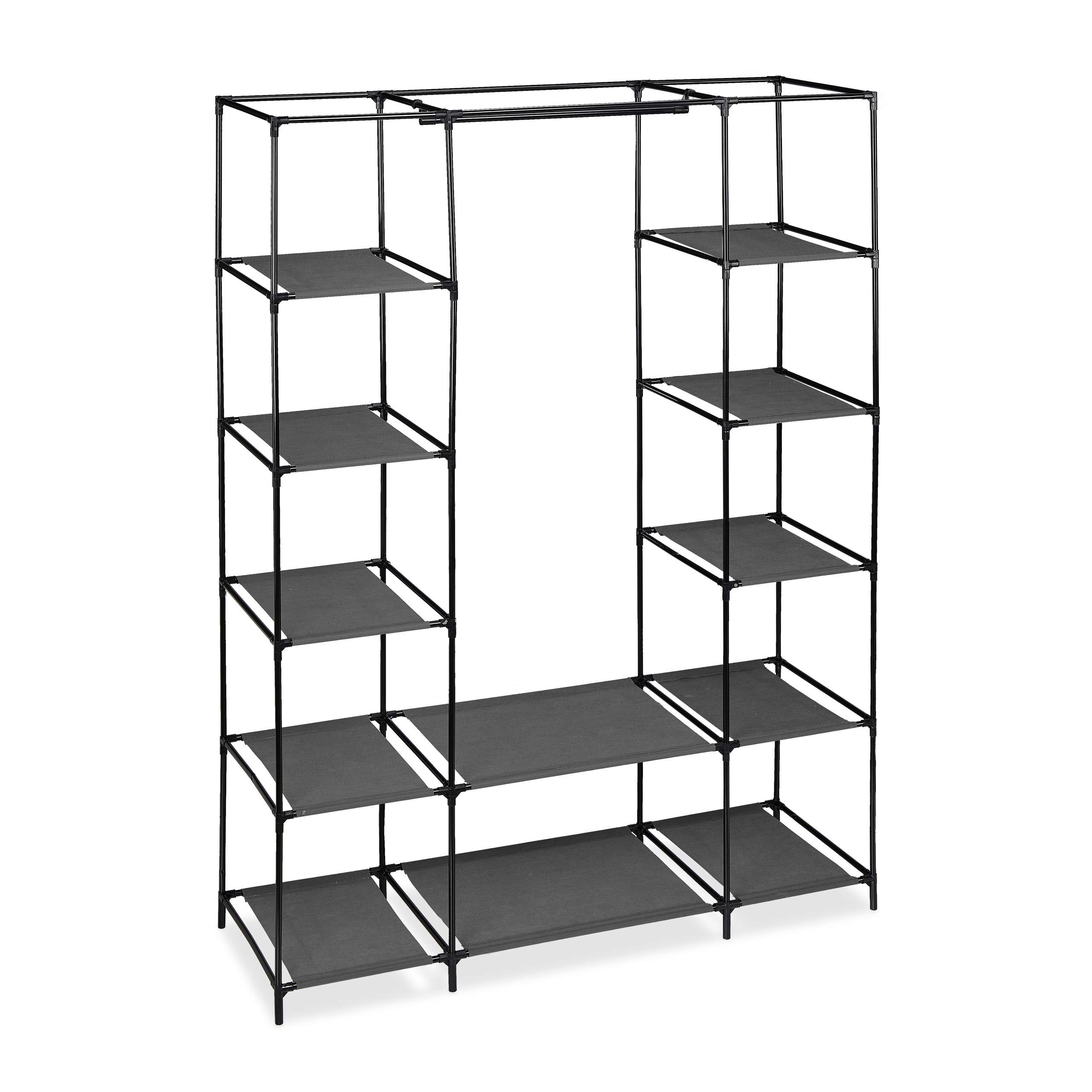 Relaxdays Penderie en Tissu avec Tringle à vêtements et 12 étagères, H x L x P 175 x 135 x 45 cm, Armoire, Anthracite