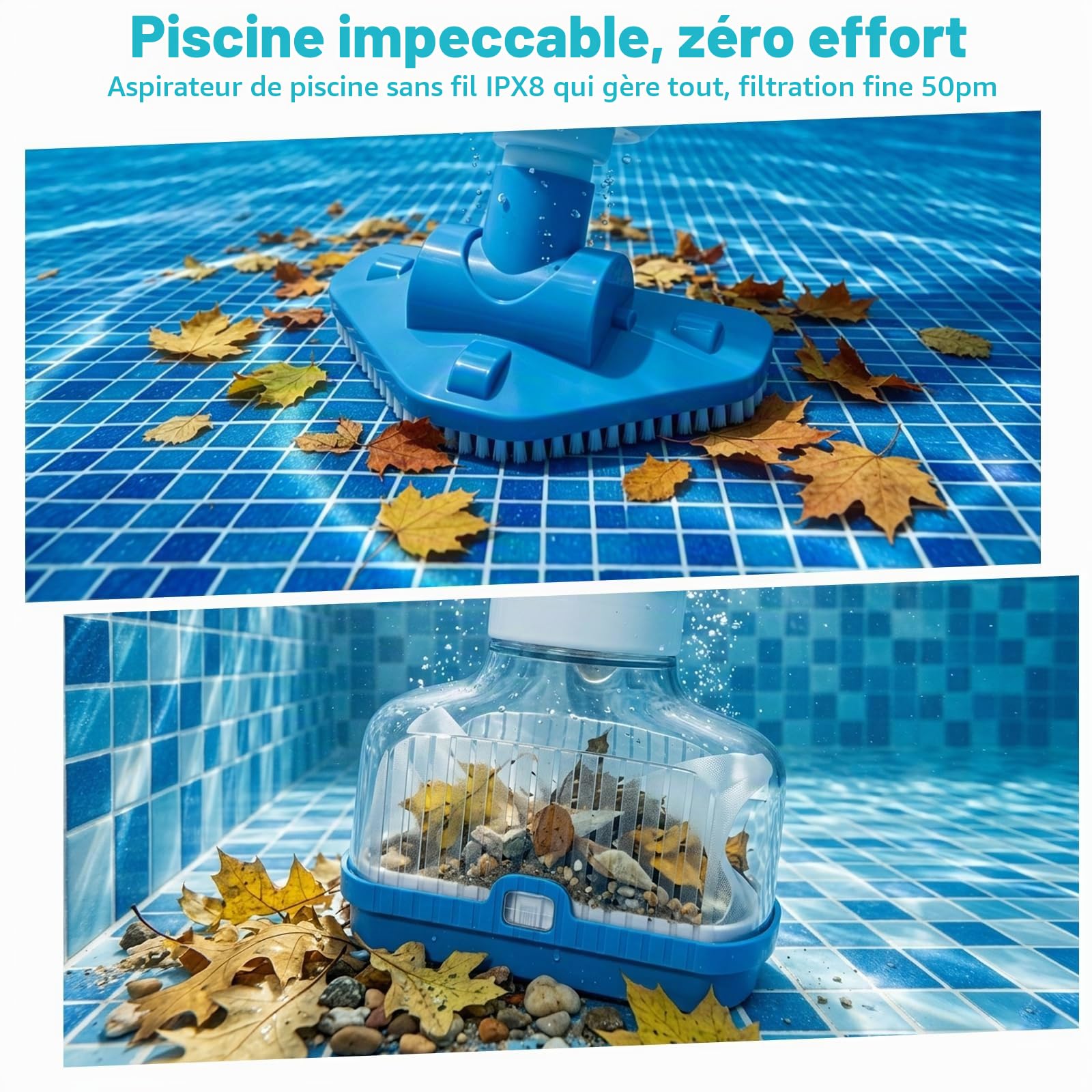 Aspirateur Piscine sans Fil 3 en 1 Nettoyeur Électrique à Batterie IPX8 | Aspirateur Balais Kit avec Manche Télescopique pour SPA et Piscines Hors-Sol Rechargeable