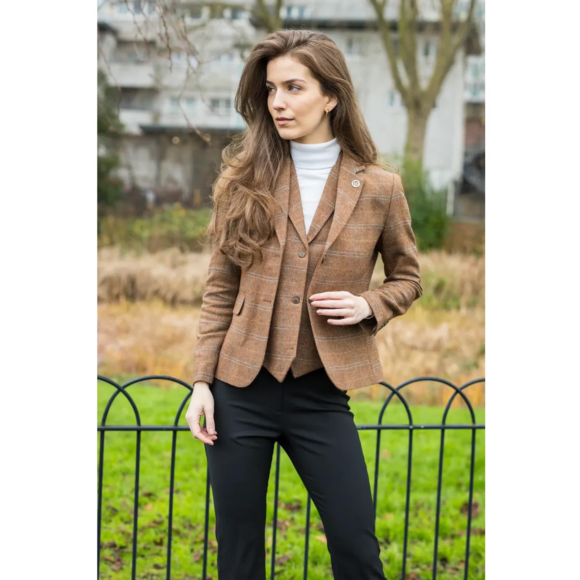 Blazer de Tweed de Corte Entallado Para Mujer Con Cuadros de Espiga