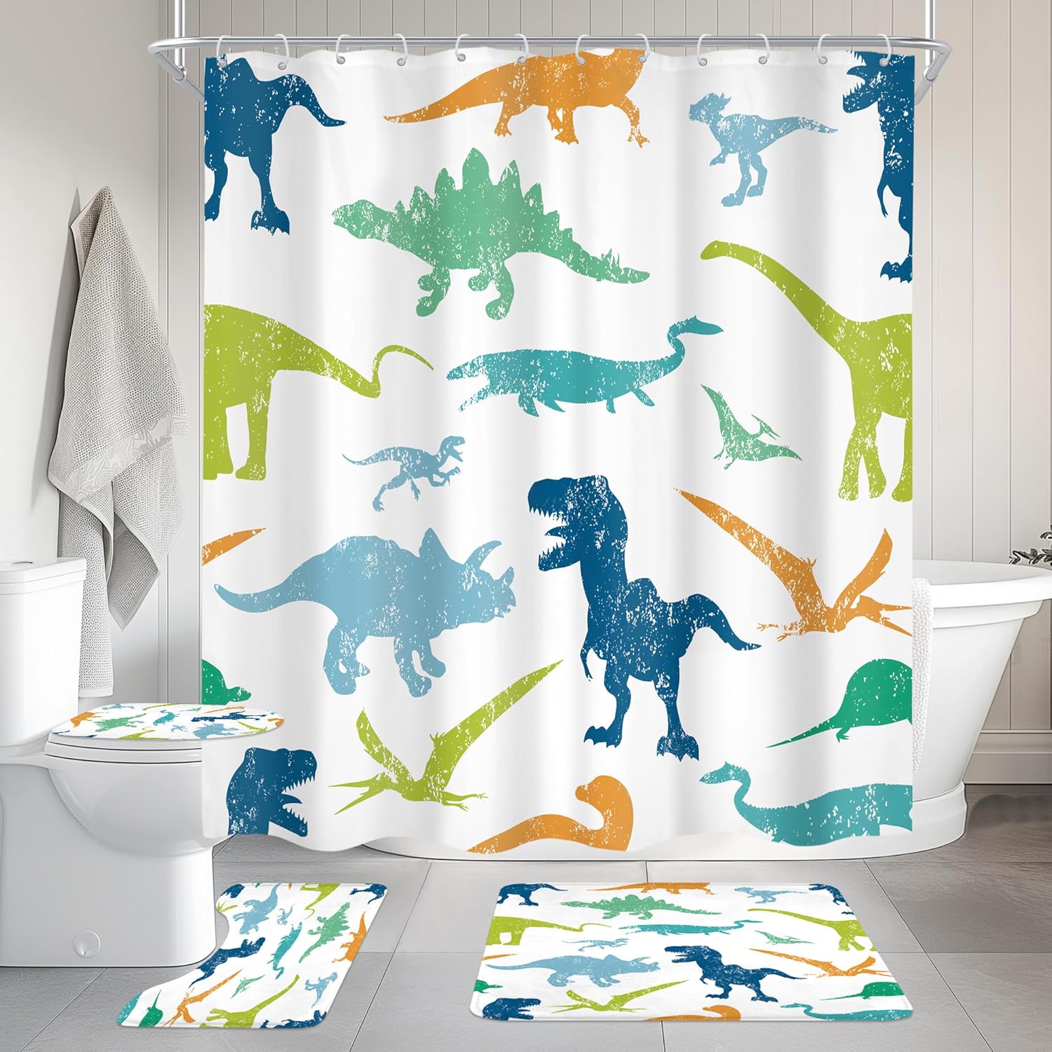 Cinbloo 4Pcs Kids Dinosaur Shower Curtain Set, Cute Cartoon Wildlife Bathroom Curtain with Rug, Toilet Lid Cover, Bath Mat, Safari Dino Foil Print Nursery for Children Shower Curtain with 12 Hooks