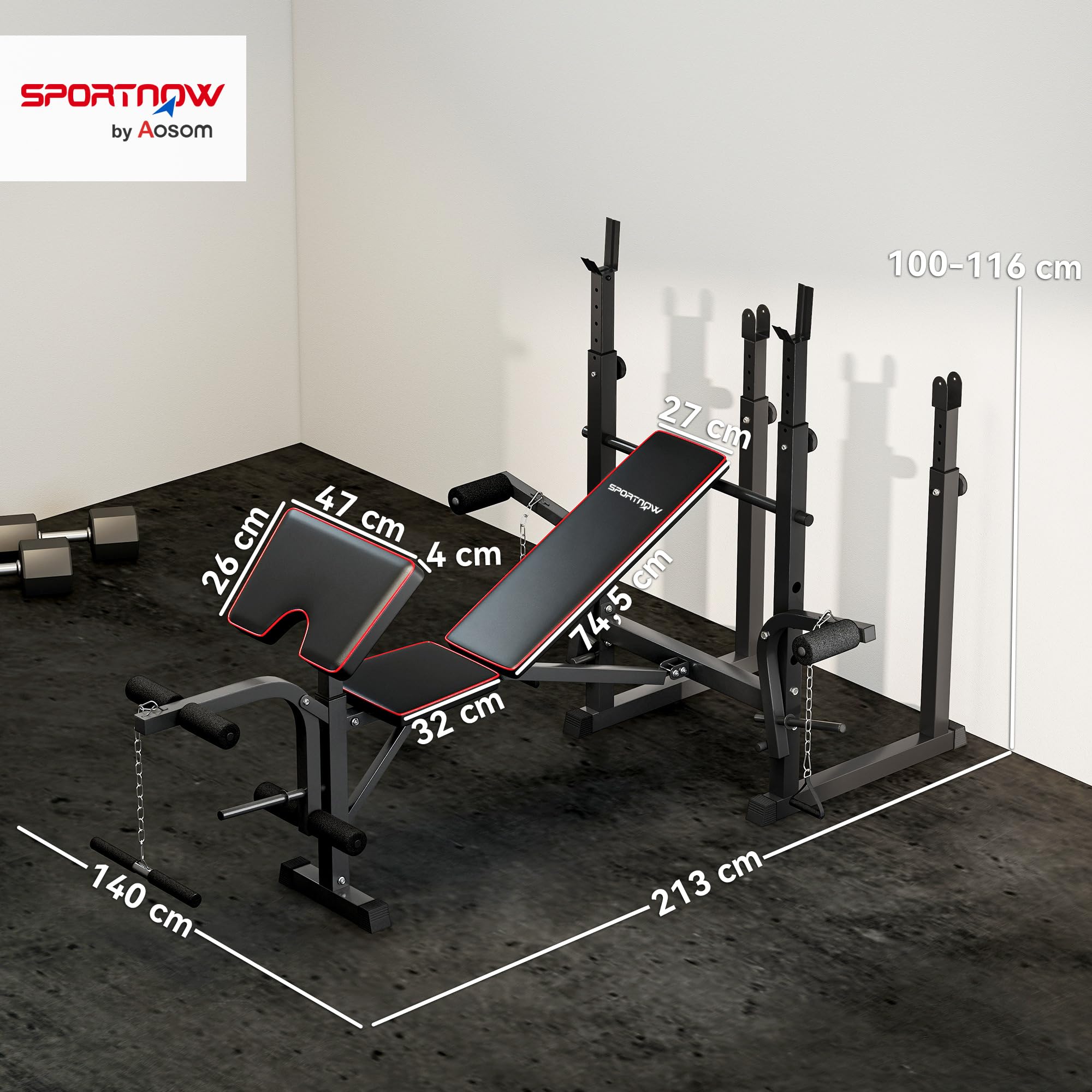 SPORTNOW Banco de Musculación Multifuncional Respaldo Ajustable Negro | Banco de Pesas Multifuncional, Press Banca, Soportes para Barra Regulables, Entrenamiento de Cuerpo, Casa, Gimnasio