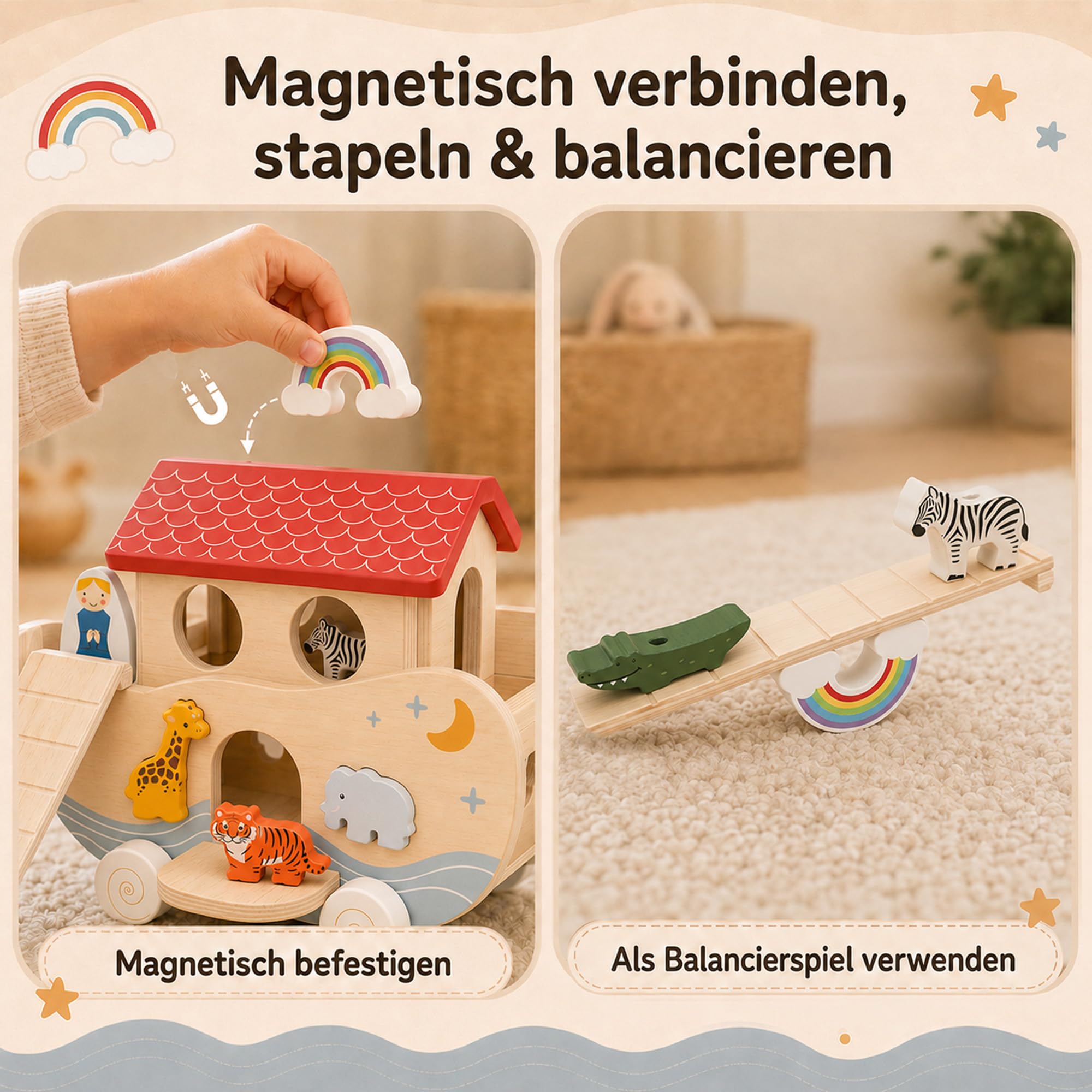 Arca di Noè in legno, giocattolo Montessori e regalo per battesimo | Adorabile regalo per battesimo: l'arca di Noè in legno con 10 coppie di animali, idee di gioco versatili e arcobaleno