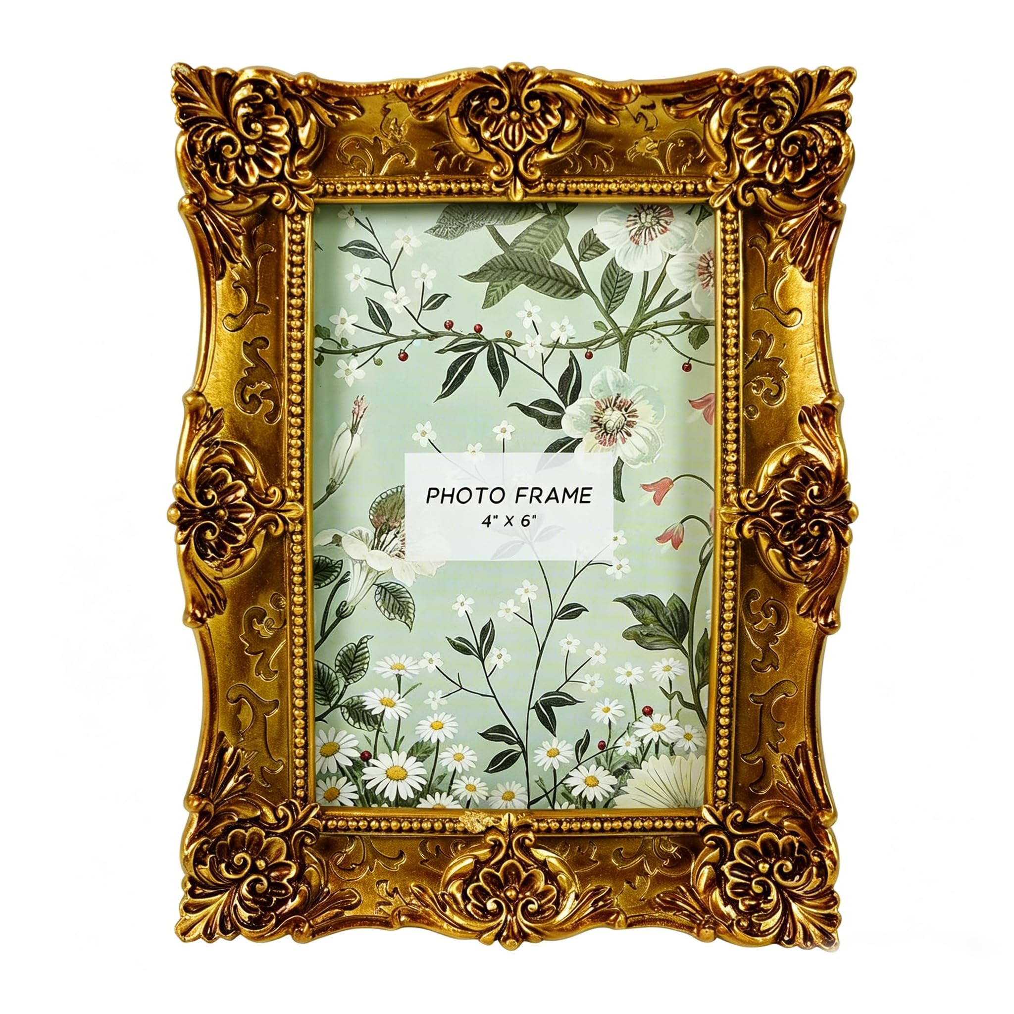 ZMG Vintage 4x6 Ornate Gold Photo Frame, Baroque Style Resin Picture Frame with Embossed Floral Carving, Retro Tabletop & Wall Mounted Decorative Frame for Home, Gallery, Wedding, Gift for Family