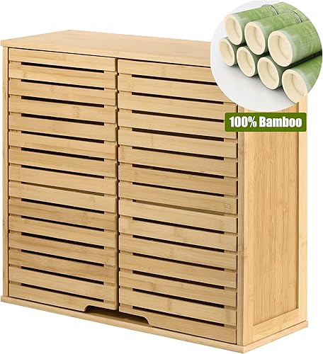 Miniatura 5 de HYNAWIN Bathroom Wall Mounted Bamboo Storage Cabinet with Double Doors, 2-Tier Adjustable Shelf, Over Toilet Organizer for Bathroom, Kitchen,