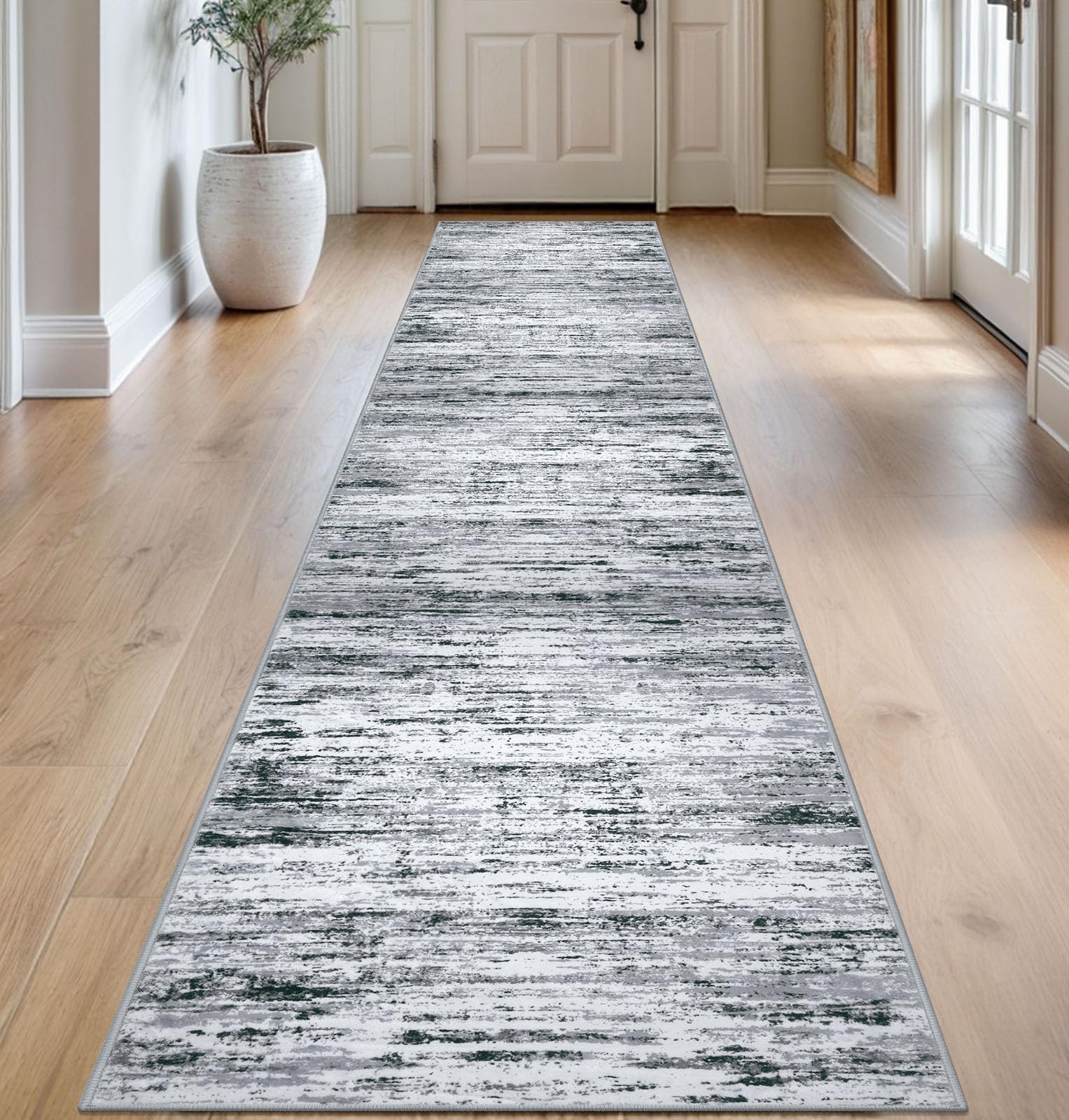 Lansny Modern Abstract Runner Rug 2.6x14, Black Grey White Washable Long Kitchen Runner Non-Slip Soft Hallway Rug Runner Thin Print Faux Wool Carpet
