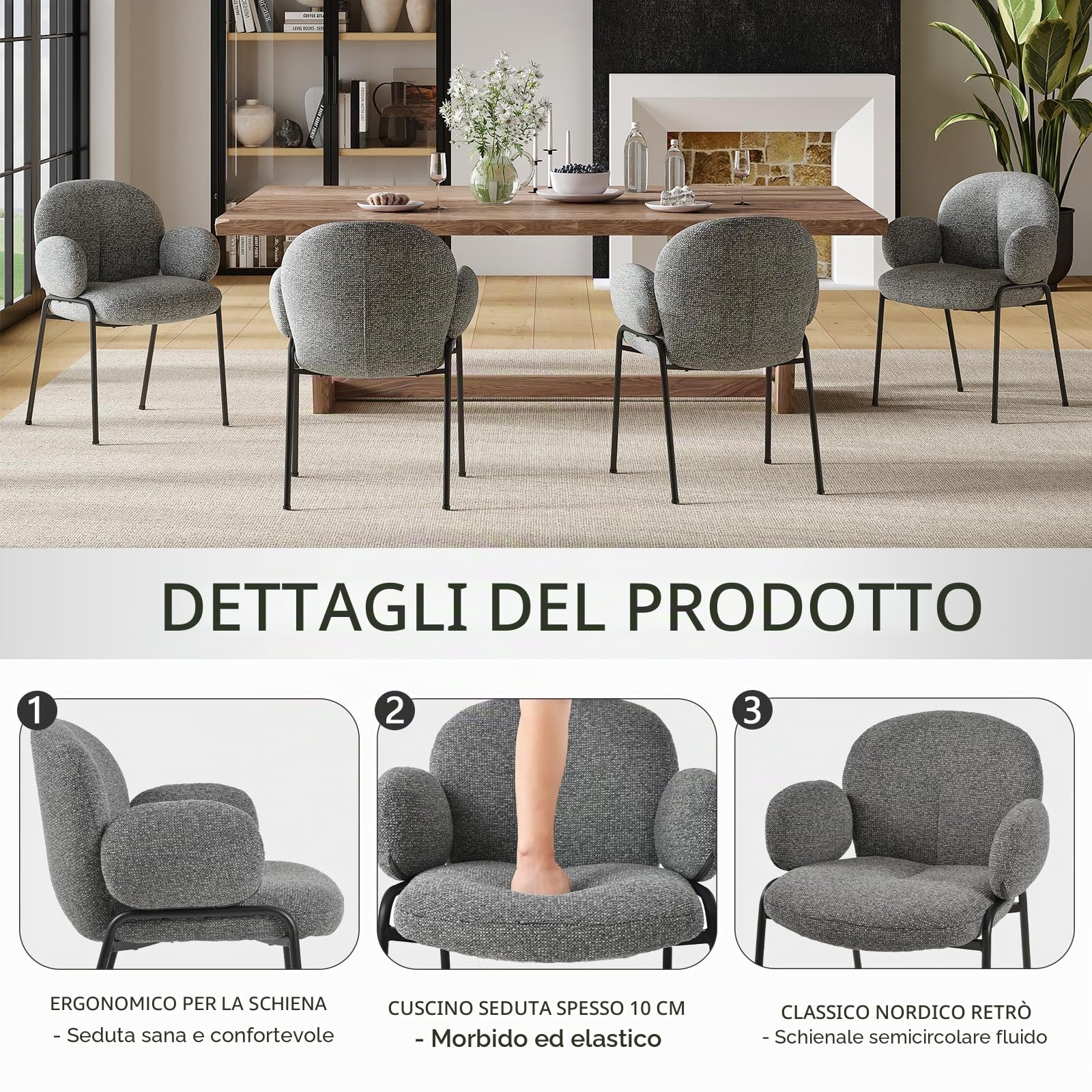 Set di 2 sedie da sala da pranzo, grigio scuro con bracciolo, moderne sedie imbottite con schienale alto, struttura in metallo, piedini regolabili in altezza, per soggiorno, sala da pranzo