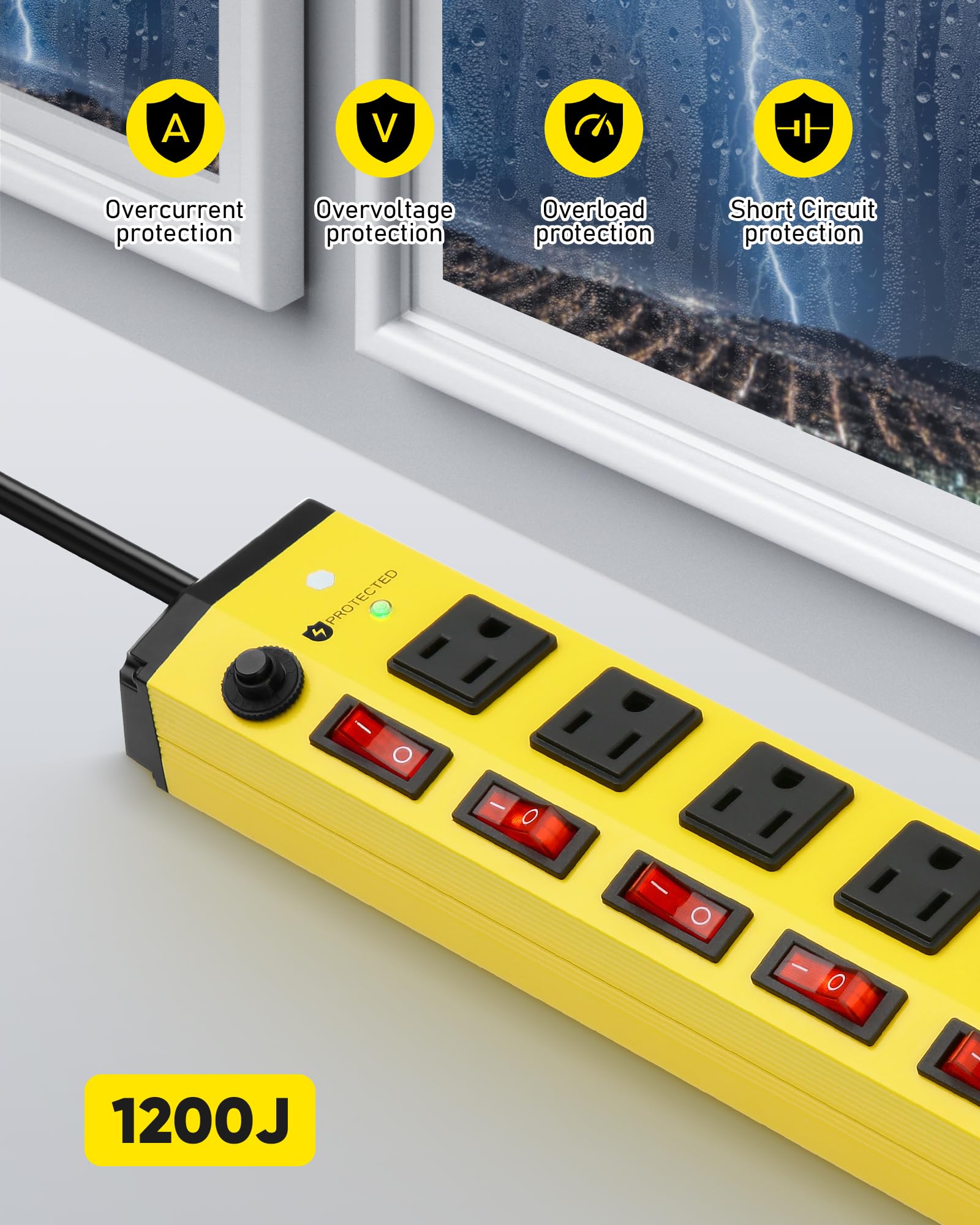 Regleta de alimentación resistente con interruptores individuales, regleta de alimentación de metal de 6 salidas con protector de sobretensiones de 1200 julios, diseño de enchufe plano, 6 pies, cable
