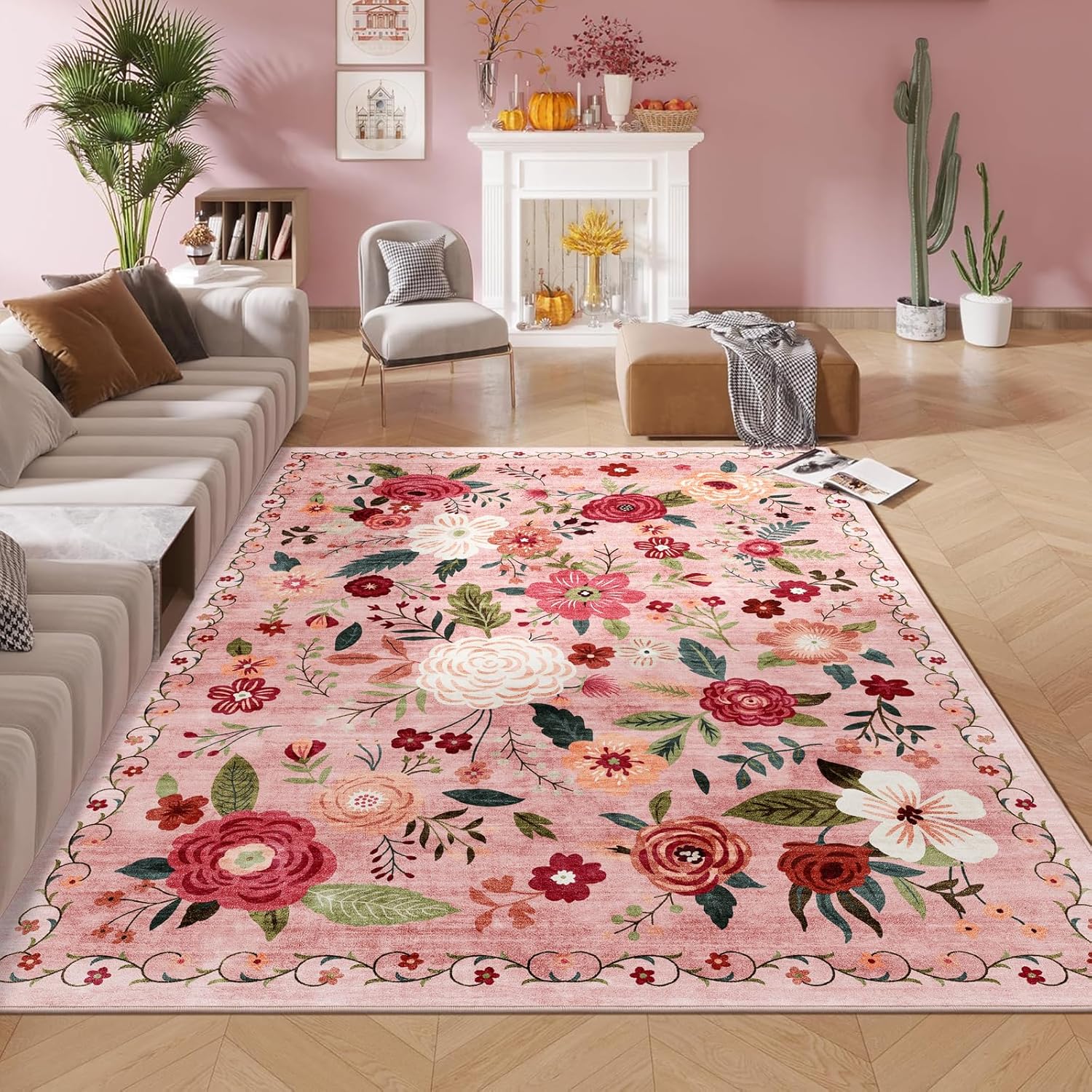 5x7 Washable Area Rug for Living Room Floral Non-Slip Non-Shedding Easy Care Soft Low Pile Boho Indoor Floor