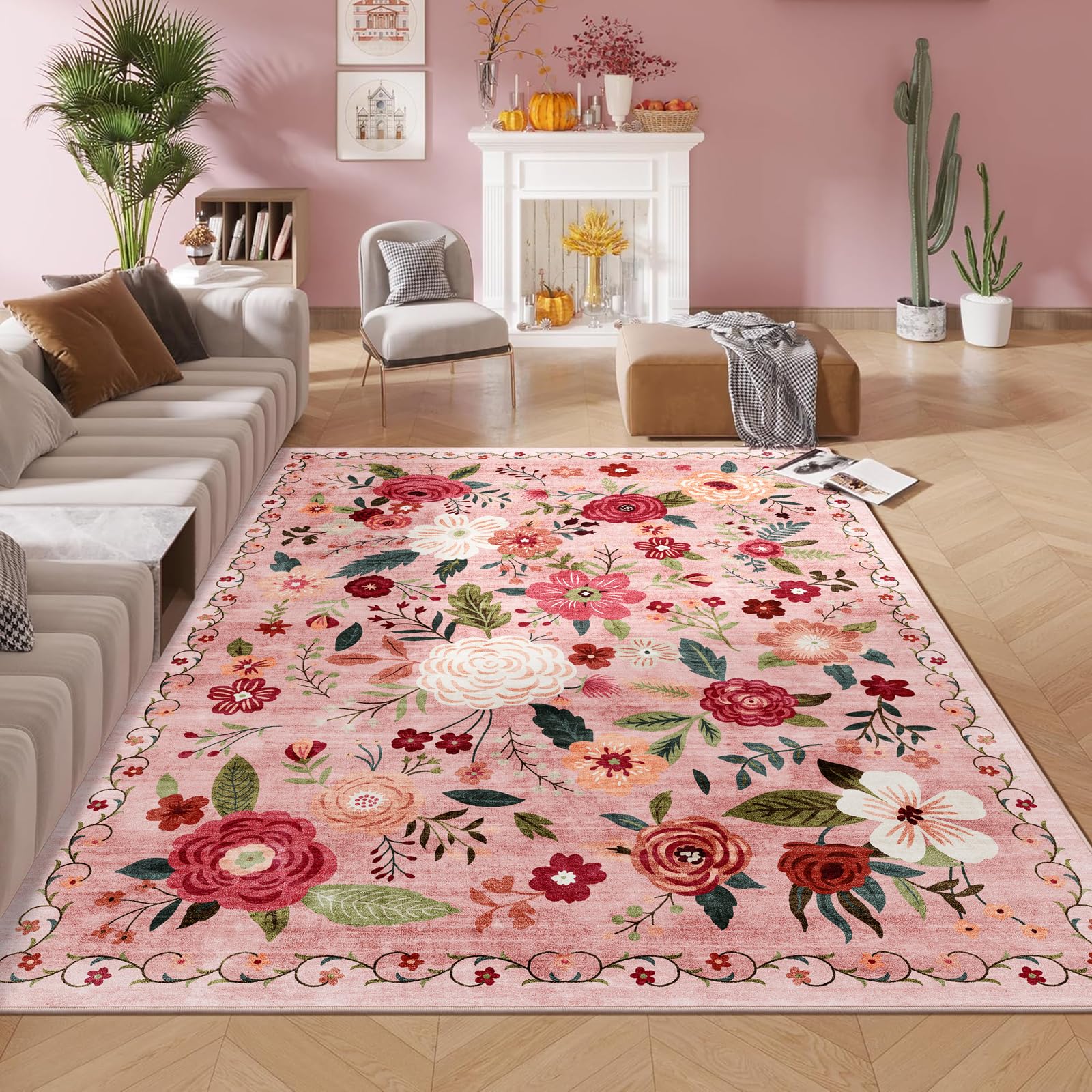 5x7 Washable Area Rug for Living Room Floral Non-Slip Non-Shedding Easy Care Soft Low Pile Boho Indoor Floor