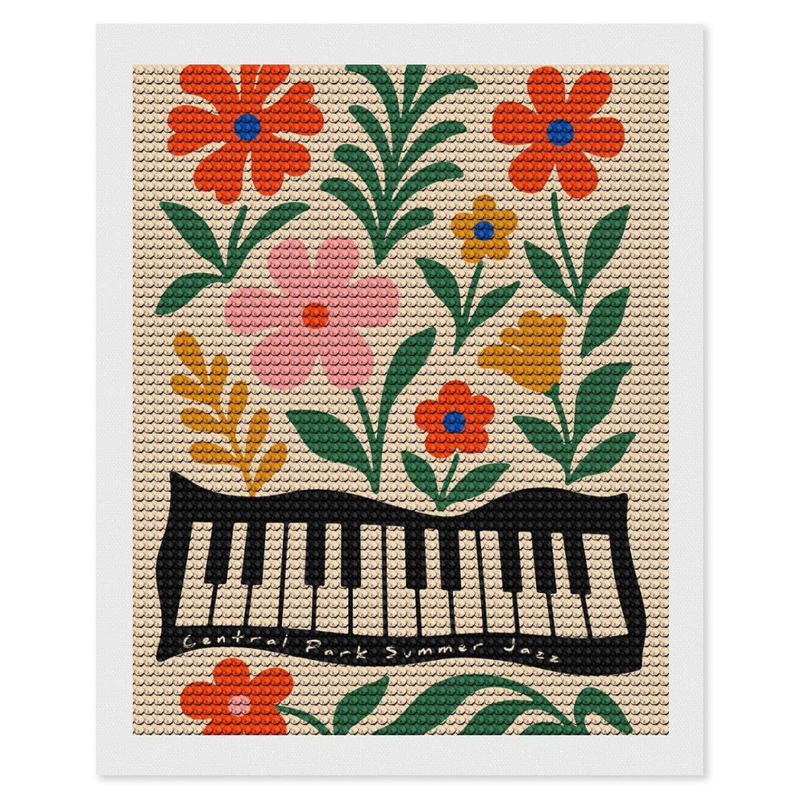 Junmoney Central Park Summer Jazz Floral Piano DIY Diamond Art Canvas Kit 16"x20", Simple to Start, Fun Craft Experience, Modern Decor, Gift Idea, Adhesive Canvas