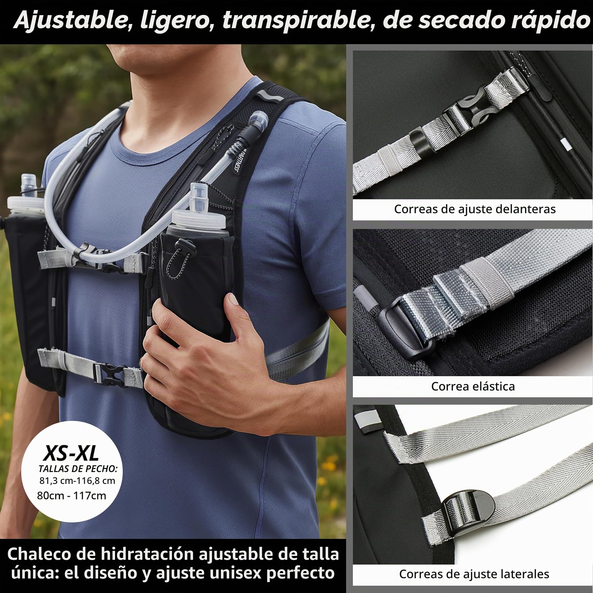 Chaleco de hidratación para Correr para Mujeres y Hombres. Reflectante, 7 Bolsillos, Secado rápido, Resistente al Agua, Mochila Ajustable para Correr