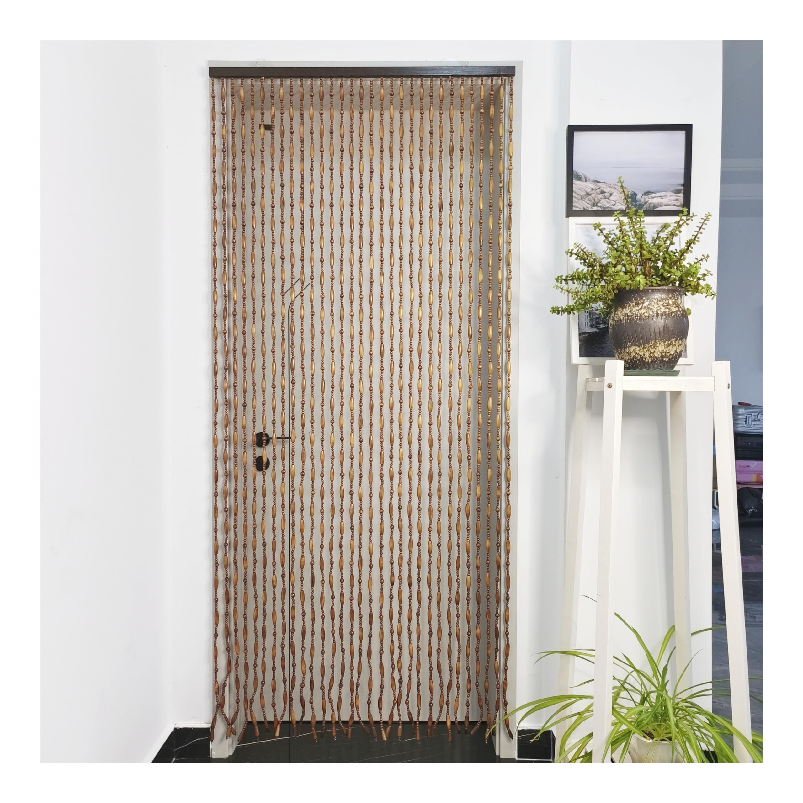 Türvorhang Holzperlenvorhang mit KreisdesignTüröffnung Vorhänge 90x200CM 31Leinen GHB1001K (Kaffee)