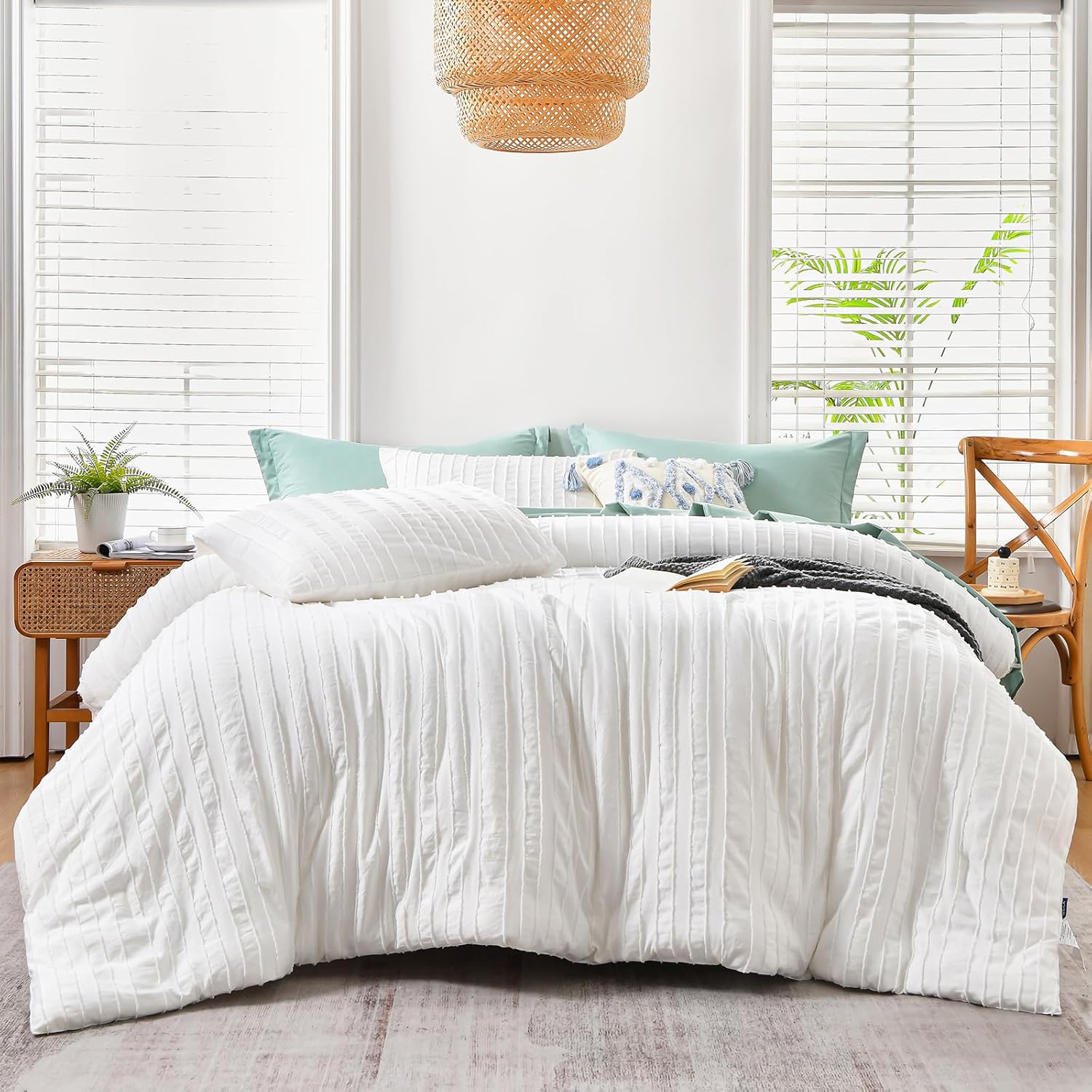 MEILA Tufted Comforter Set King Size, White Boho Comforter Set King for All Seasons, Soft and Lightweight Shabby Chic Striped Bedding Comforter Set with 2 Pillowcases (White, King, 104x90) White King