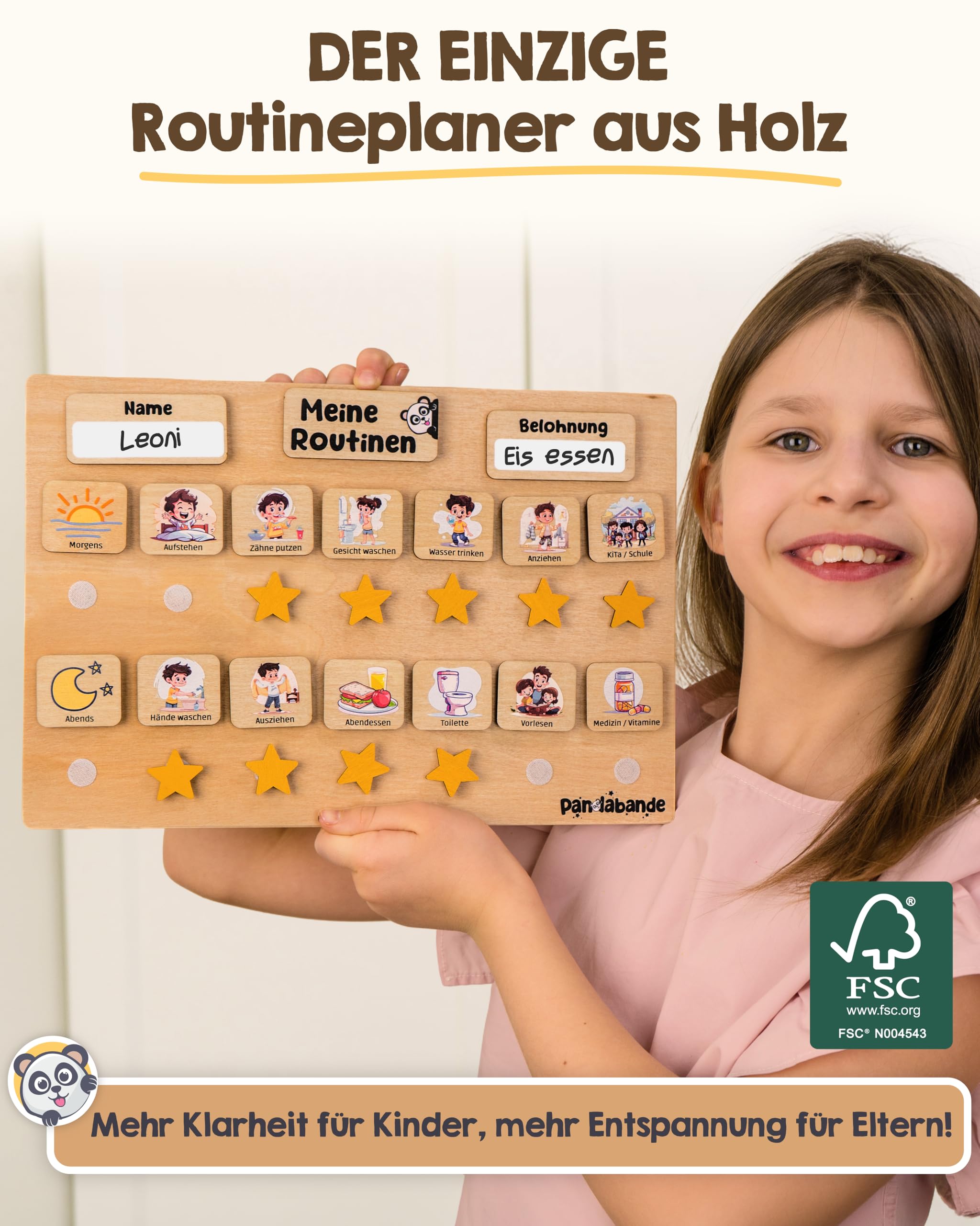 PANDABANDE Premium Routine Planer Kinder Holz - 100% FSC®-zertifiziert | Morgenroutine und Abendroutine mit 84 Karten & Sternen - Tagesplaner Kinder Routine - Routineplaner für Morgens und Abends