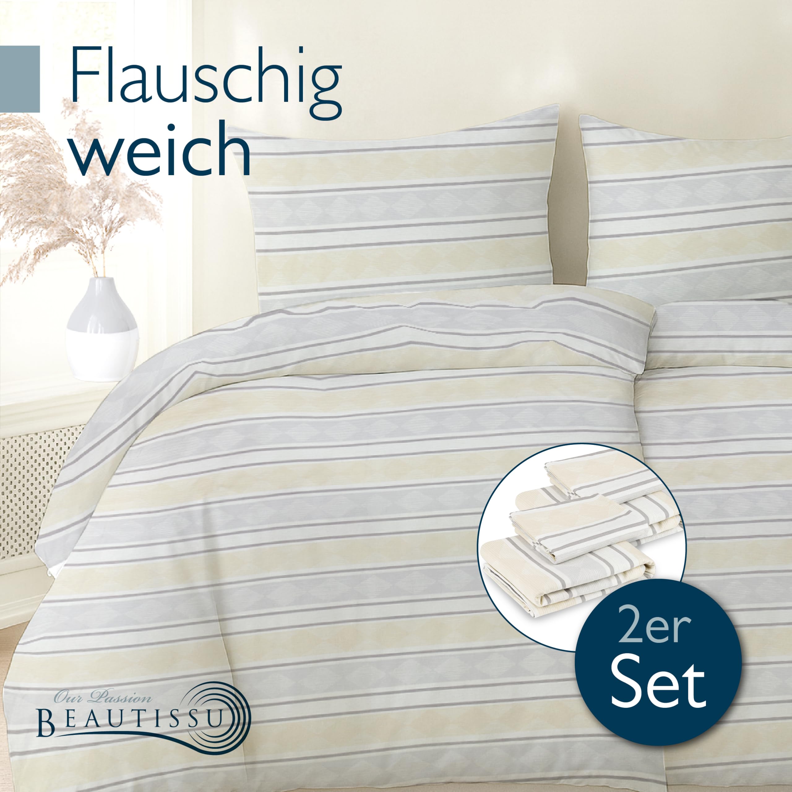 Beautissu Biber Bettwäsche 4teilig 100% Baumwolle Flanell Winterbettwäsche | 135x200cm Beige warme Feinbiber 2X Bettbezug & 2X Kissenbezug 80x80cm Biberbettwäsche Bettwäsche-Sets warm Winter Set Viola