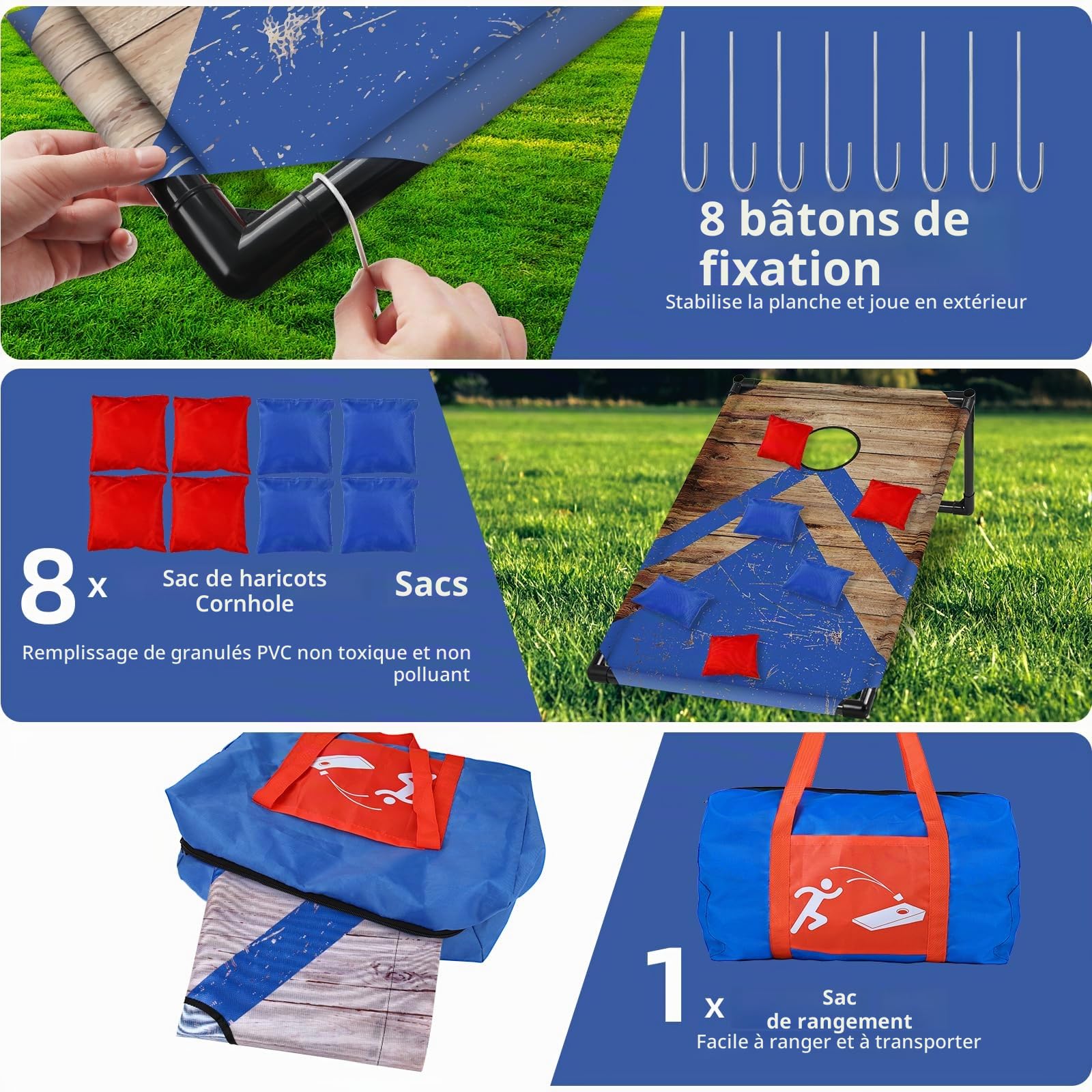 NZQXJXZ Jeu Corn Hole Portable pour Adultes et Famille, Cornhole Jeu Encadré en PVC avec 8 Sacs de Haricots et Sac de Transport, Idéal l'extérieur, l'intérieur, l'arrière-Cour, la Pelouse, 3 x 2 Ft