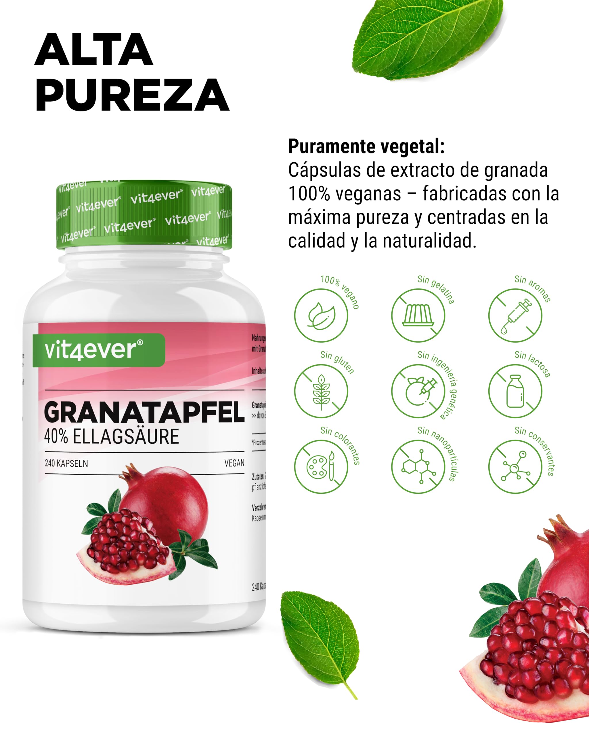 Extracto de Granada - 240 cápsulas veganas - Extracto natural de primera calidad con 40% de ácido elágico - Dosis alta - Vegano