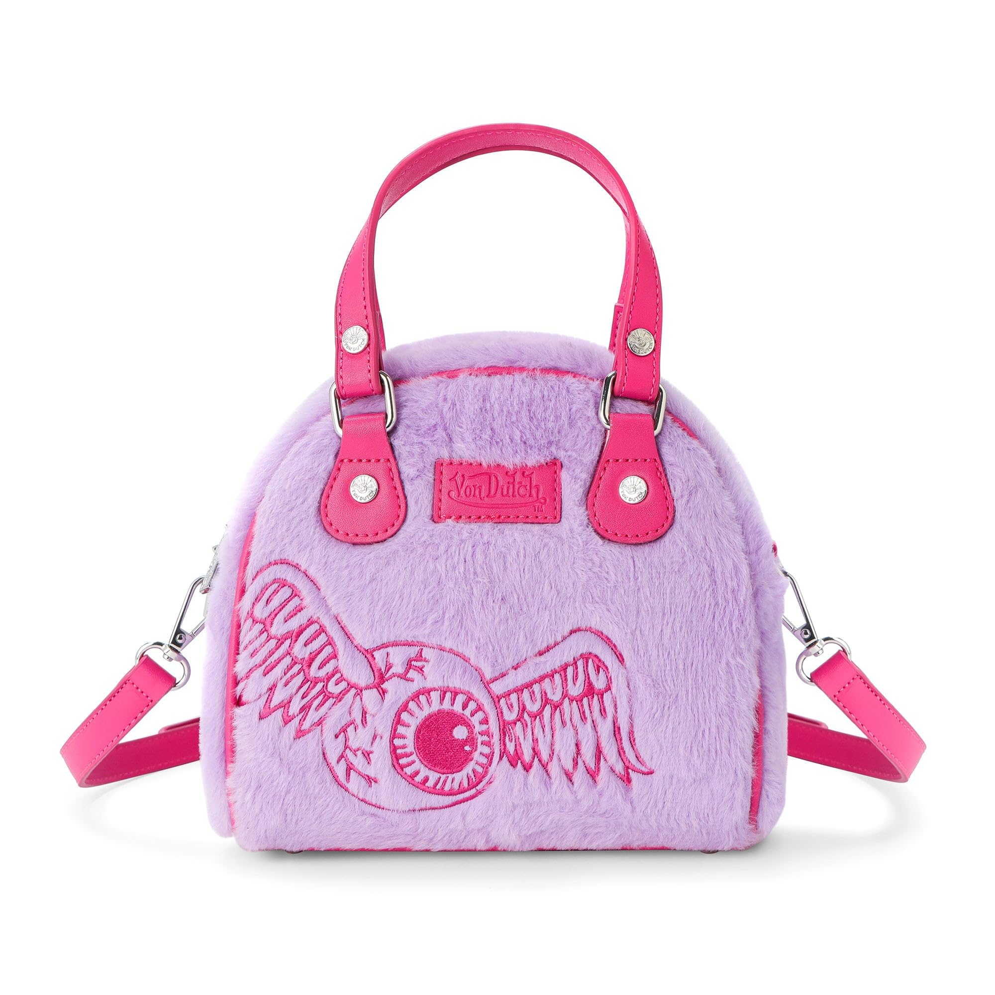 Von Dutch Womens Furry Bowling Bag Purse - Stylish Women's Handbag with Adjustable Strap, Spacious Interior, and Iconic Logo Design (Bubblegum Furry)