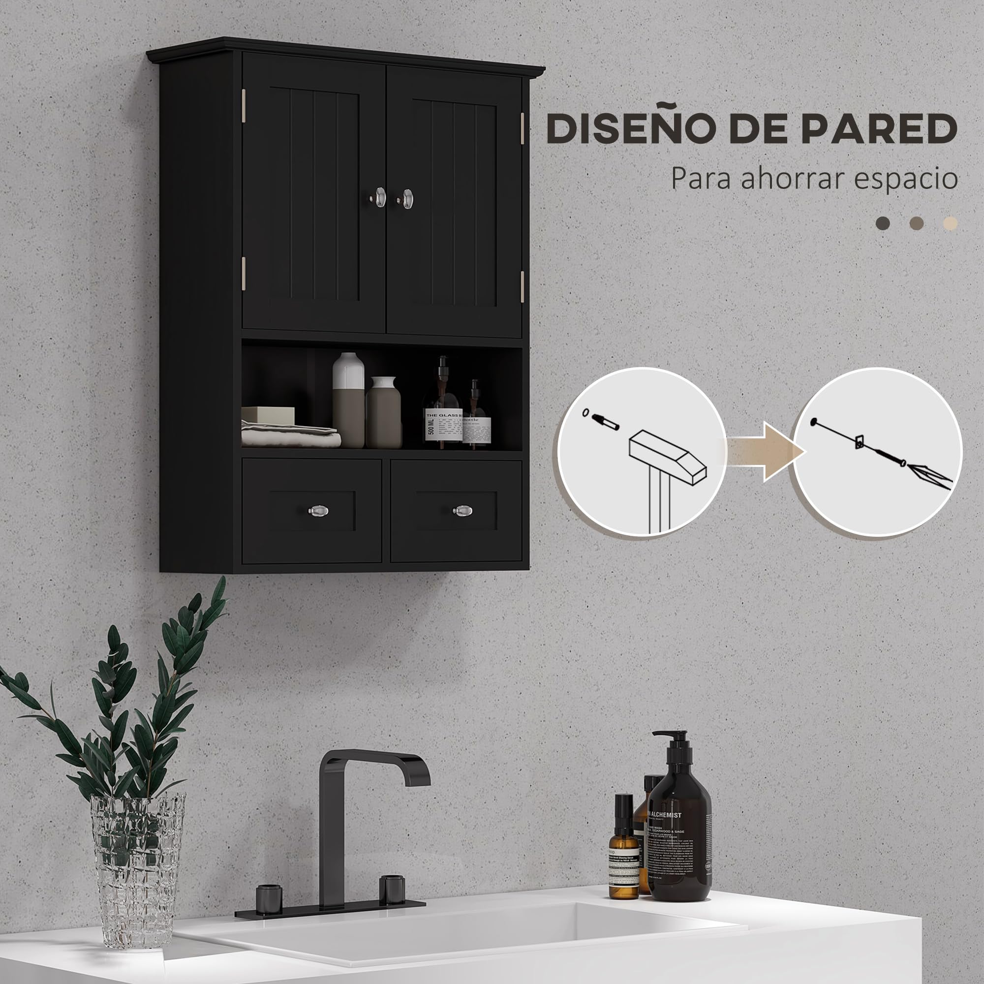kleankin Armario de Baño de Pared, Armario Colgante, Mueble Suspendido de Baño, 2 Puertas con Cierre Magnético, 2 Cajones y Estante Abierto, para Cocina, Lavadero, 50,8x17,8x66 cm, Negro