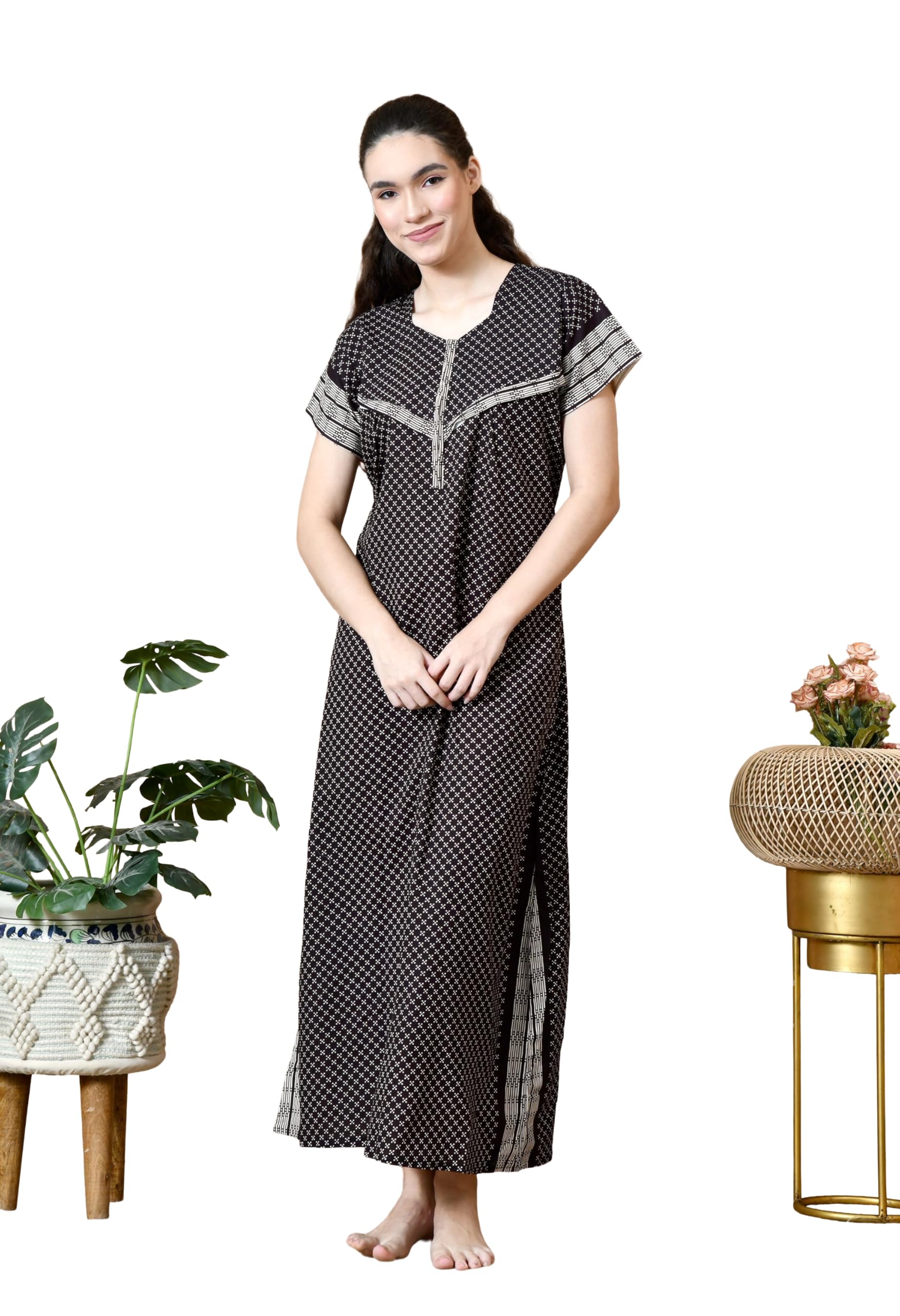 Dreamlily Cotton Maternity Nighty for Women | Feeding Nighty | Front Zip Nursing Night Dress | Pregnancy & Postpartum Sleepwear | Soft Breathable Cotton Lounge Wear-image-45