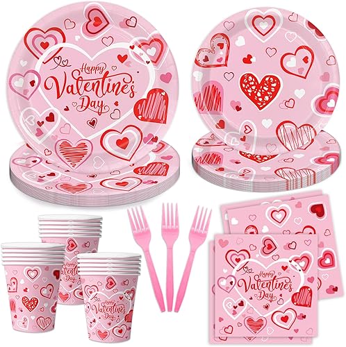 Oigco Suministros para fiesta del día de San Valentín, platos de papel desechables, servilletas, tazas, tenedores para el día de San Valentín,