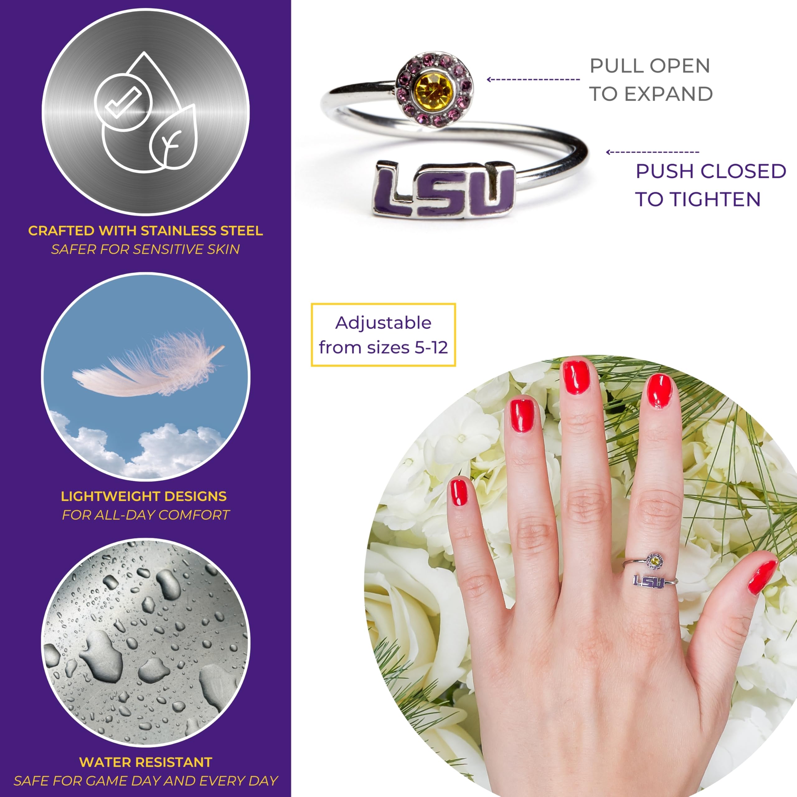 Stone Armory LSU Ring with Crystals - Hypoallergenic and Adjustable Sizes 5-12 - LSU Tigers Jewelry for Women