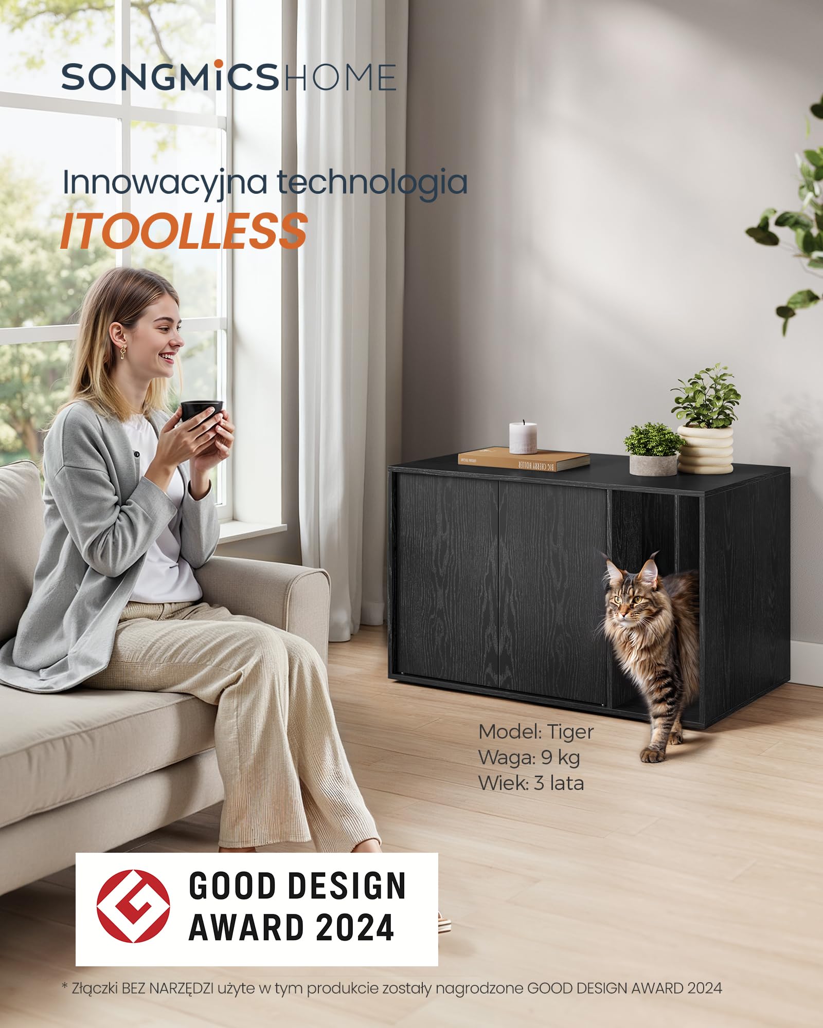 SONGMICS HOME Szafka na kuwety dla kota, ultraszybki montaż bez użycia narzędzi, ociekacz dla dużych kotów, drzwi otwierane ciśnieniowo, stół, minimalistyczny, nowoczesny, czarny drewno PCL013B03
