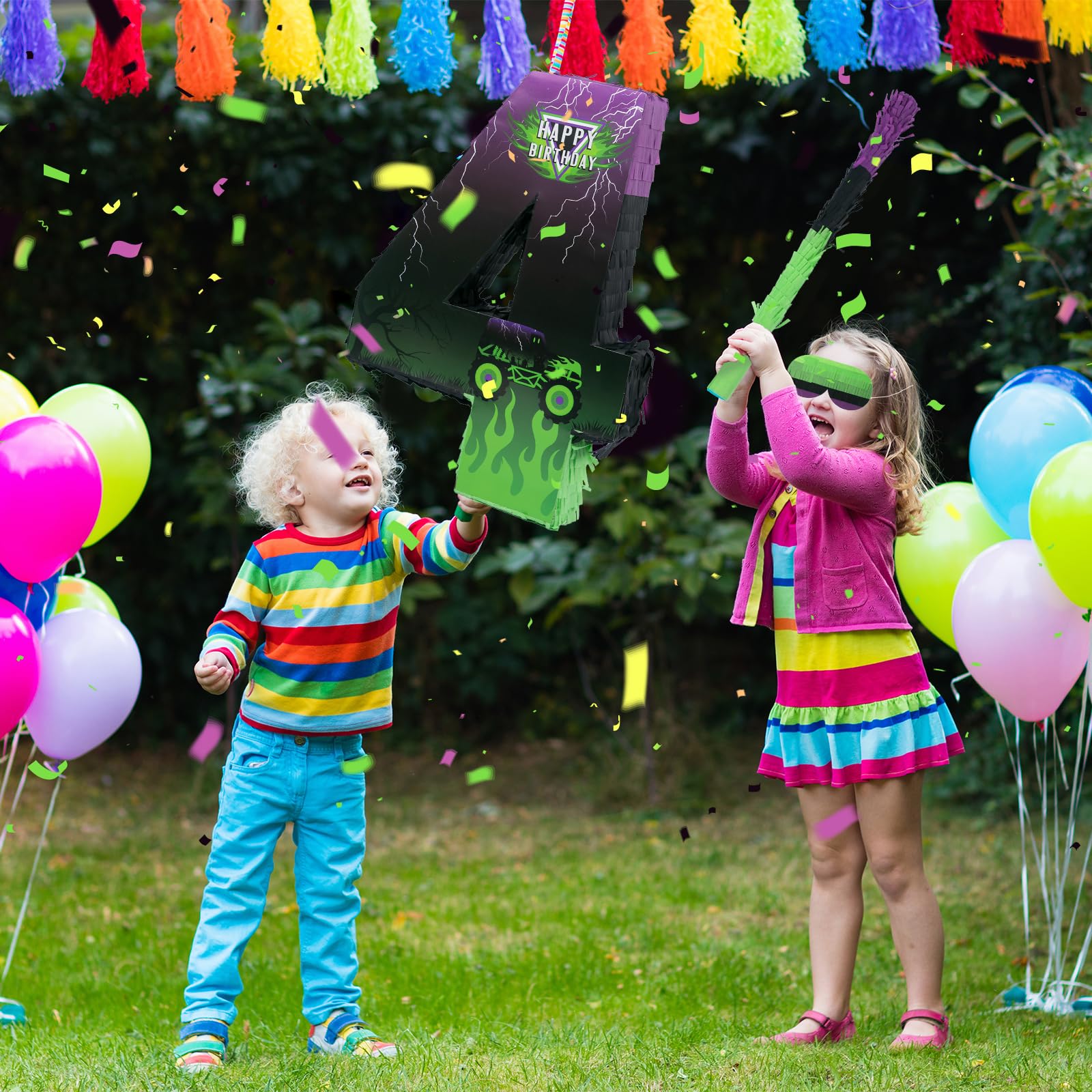Piñata de camión – Paquete de piñata Monster Truck con venda para los ojos y murciélago para decoración de fiesta temática de piñata, piñata de coche genial para fiesta de cumpleaños, carnaval