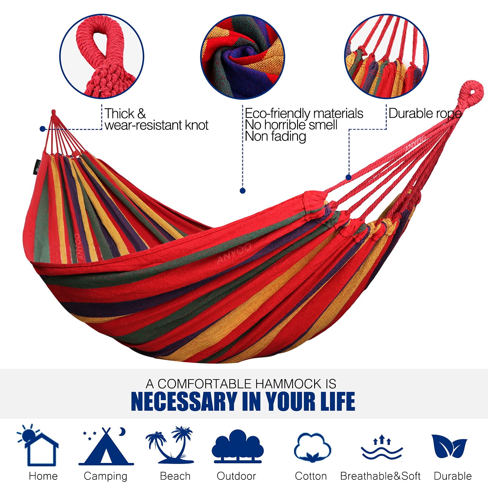Anyoo Garden Cotton Hammock Comfortable Fabric Hammock with Tree Straps for Hanging Durable Hammock Up to 450lbs Portable Hammock with Travel Bag,Perfect for Camping Outdoor/Indoor Patio Backyard