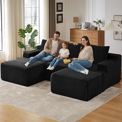 Miniatura 59 de Sofá Nube en Forma de U de 135", Sofá Seccional Modular Moderno Cómodo en Forma de L con Otomana, Asiento Profundo, Chaise Longue Reclinable Negro