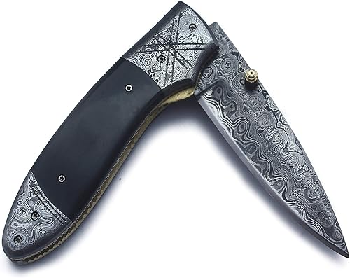 Miniatura 5 de WolfKlinge Cuchillo de bolsillo hecho a mano de acero Damasco para caza supervivencia camping pelletero Bushcraft mango plegable de hueso de camello