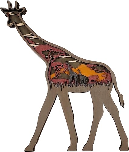 Tallado de animales de madera 3D, decoración de jirafa, decoración de cabaña, estatuas de animales de madera, decoración de pared rústica para el
