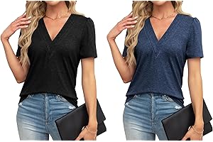 Trendy Summer Tops for Women: Casual thanth Loose V-Neck Puff Sleeve Tunics