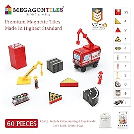 MEGAGONTILES Fire Station Magnetic Tiles Set 60PCS | STEM Magnetic Building Blocks with Fire Trucks & Cranes | Educational Construction Toy for Kids Ages 3-8 | Compatible with All Tile Brands